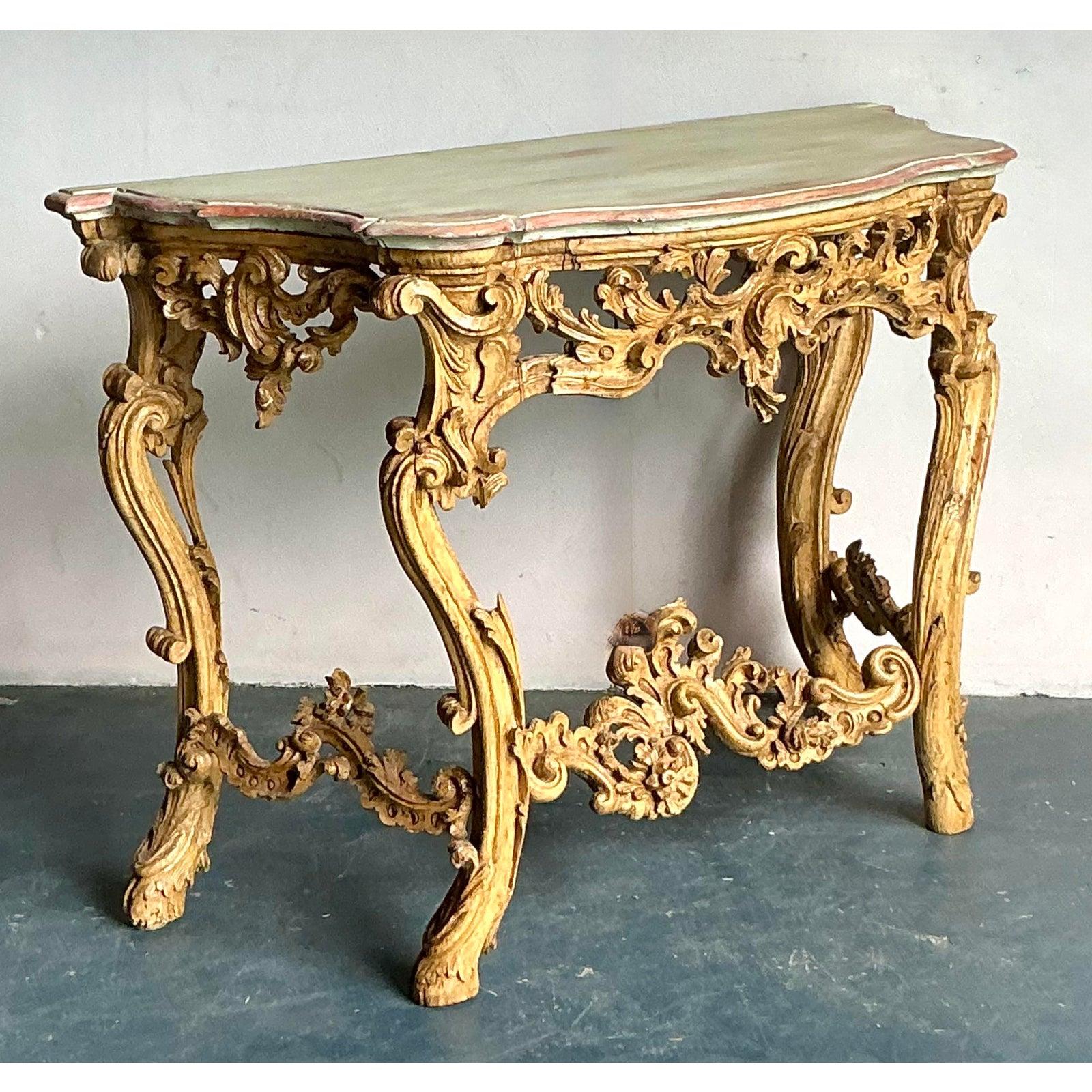 XX secolo Tavolo consolle rococò d'epoca dipinto a mano e dorato in vendita