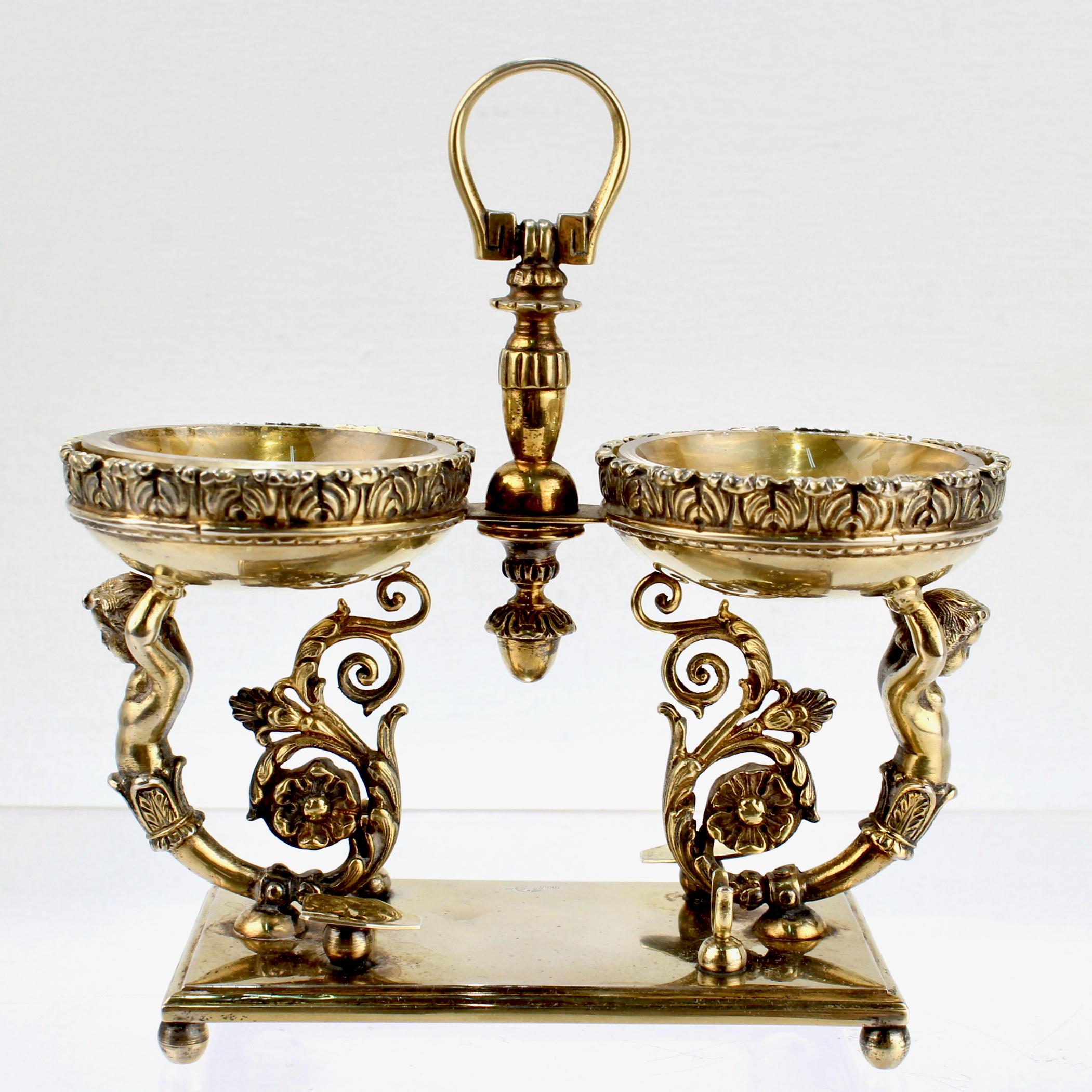 Vintage Rococo Style Figural Italian Gilt Silver Double Caviar Stand or Server For Sale 1
