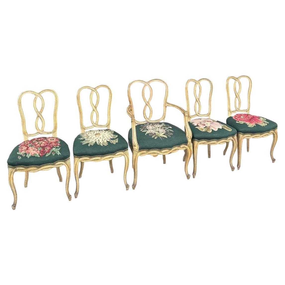 Chaises de salle à manger en bois à motifs floraux à l
aiguille, de style vintage rococo - Lot de 5