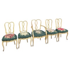 Vintage Rococo Style Wooden Floral Needlepoint Dining Chairs - Set of 5