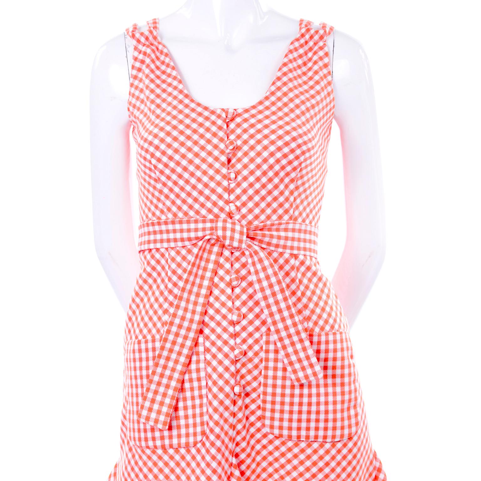 Vintage Rodrigues Orange & White Gingham Summer Dress W/ Pockets & Tie Belt 6/8 5