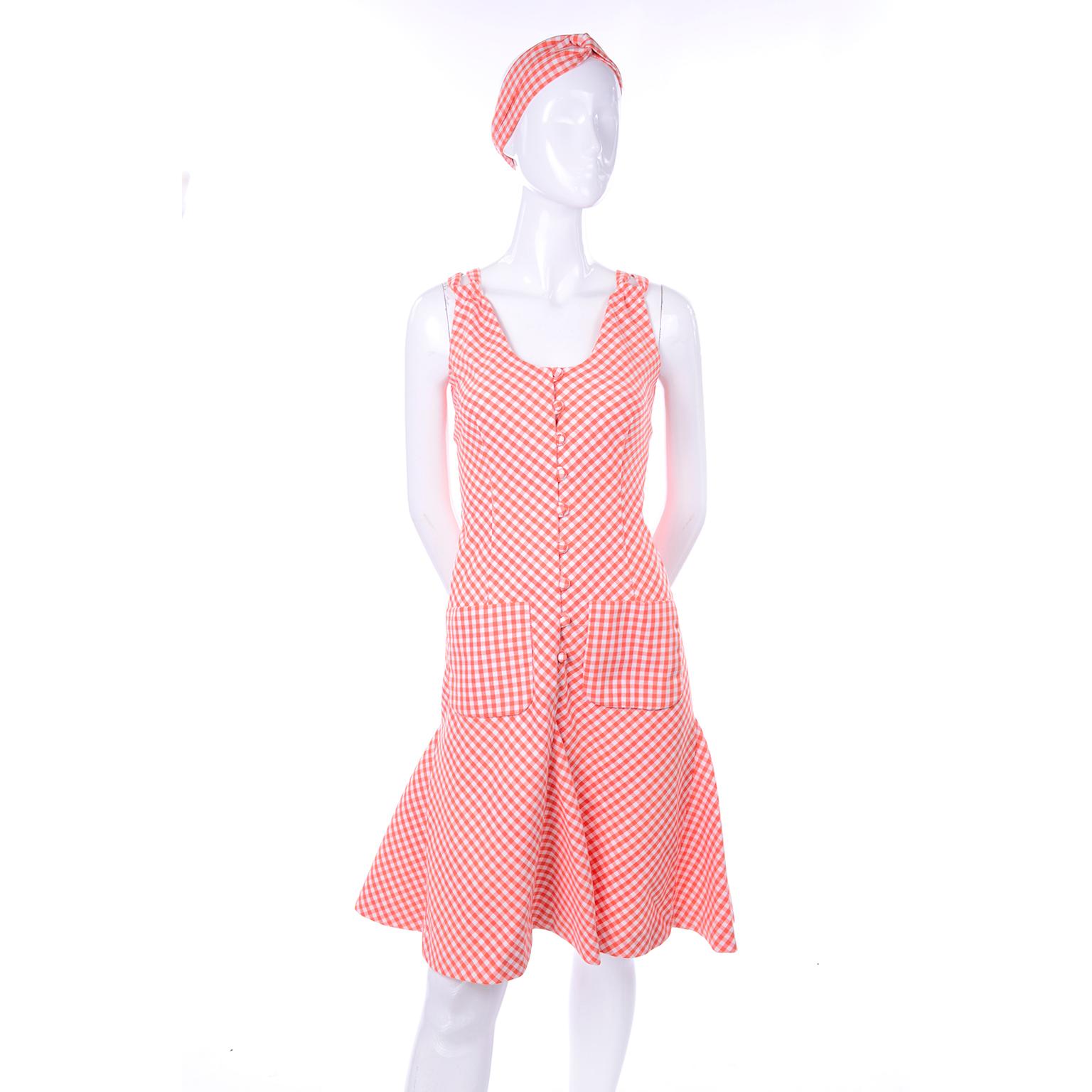 Women's Vintage Rodrigues Orange & White Gingham Summer Dress W/ Pockets & Tie Belt 6/8