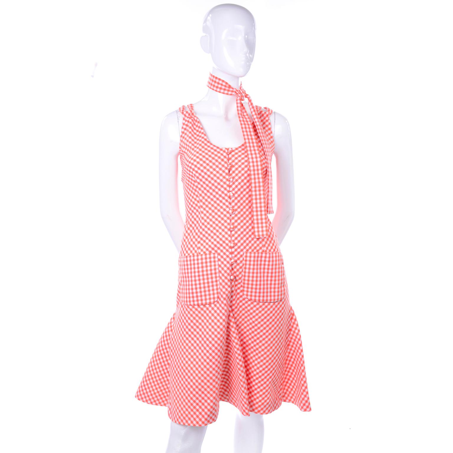 Vintage Rodrigues Orange & White Gingham Summer Dress W/ Pockets & Tie Belt 6/8 1