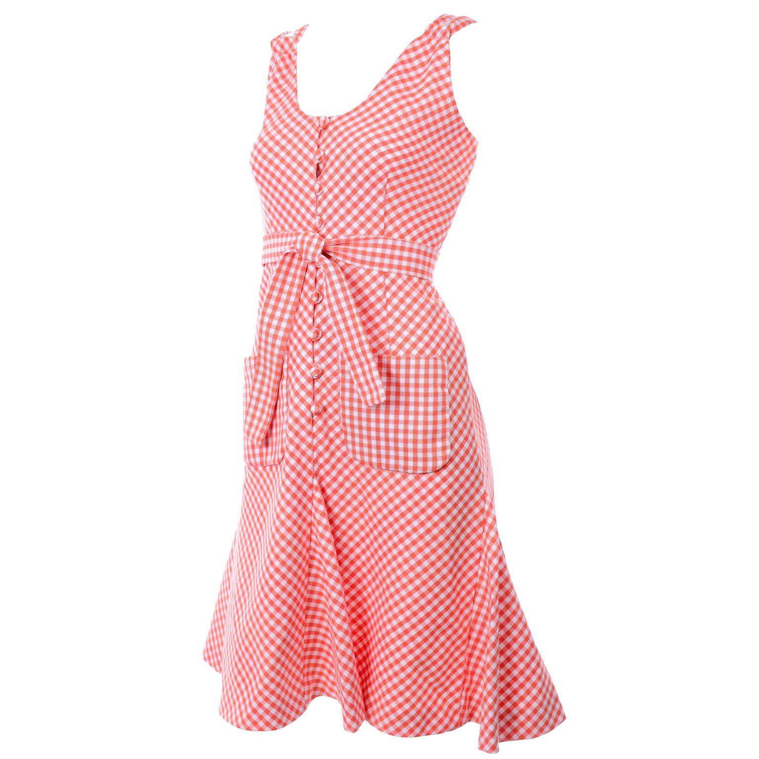 Vintage Rodrigues Orange & White Gingham Summer Dress W/ Pockets & Tie Belt 6/8