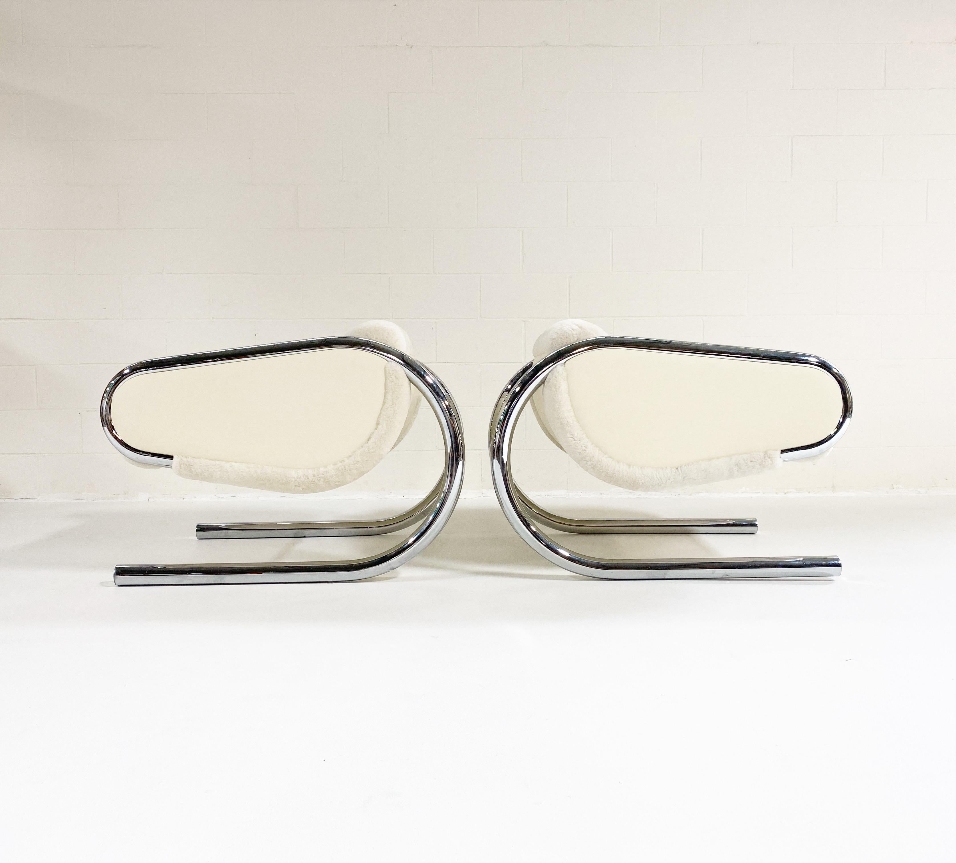 Mid-Century Modern Vintage Roger Sprunger Chrome Lounge Chairs, Restored in Shearling and Leather