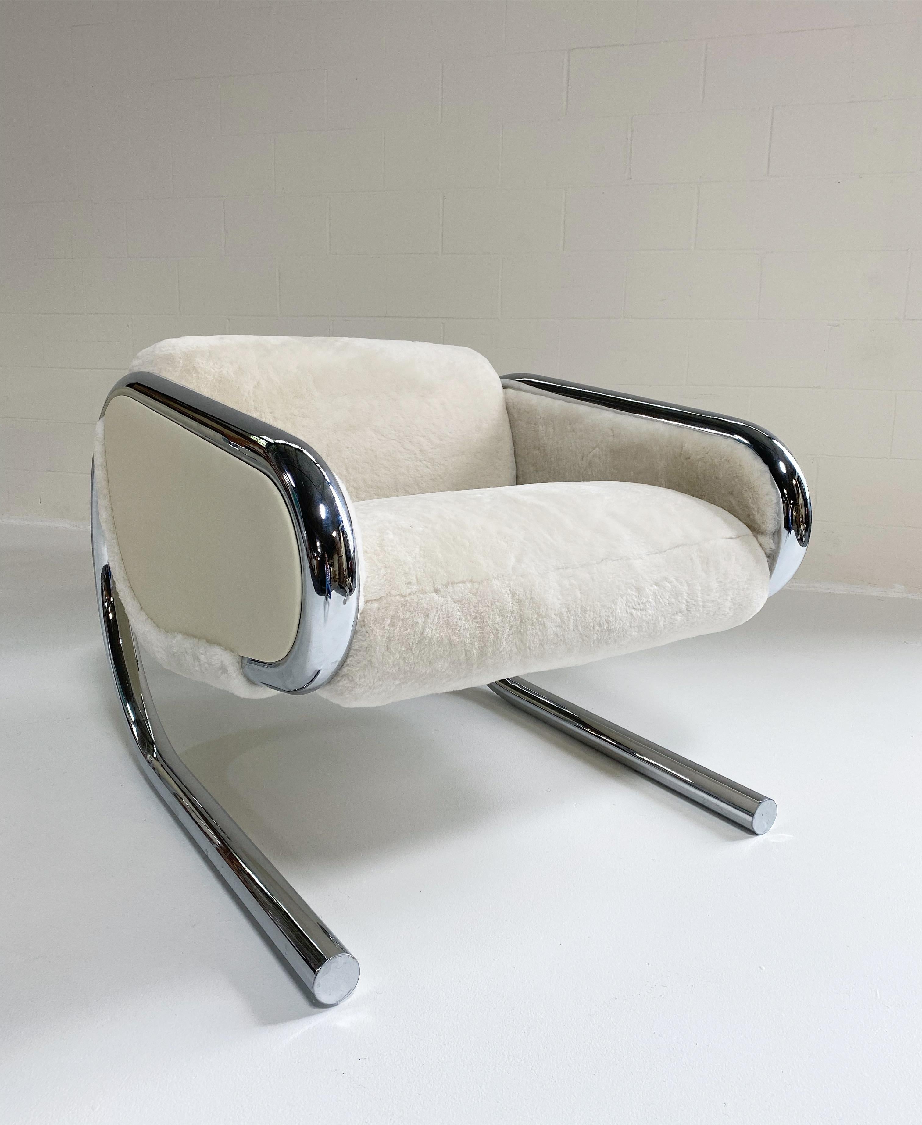 Mid-20th Century Vintage Roger Sprunger Chrome Lounge Chairs, Restored in Shearling and Leather