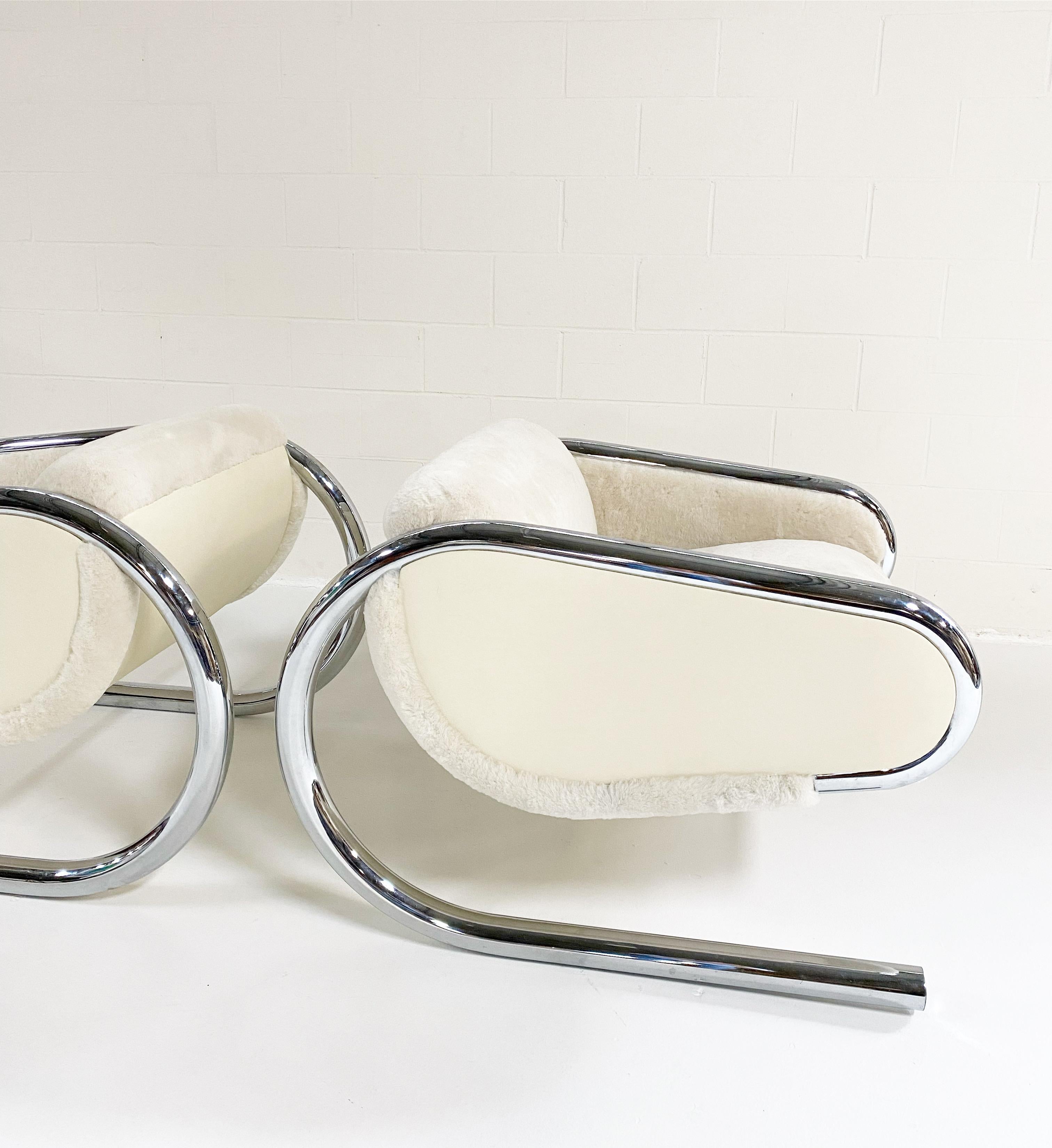 Vintage Roger Sprunger Chrome Lounge Chairs, Restored in Shearling and Leather 1