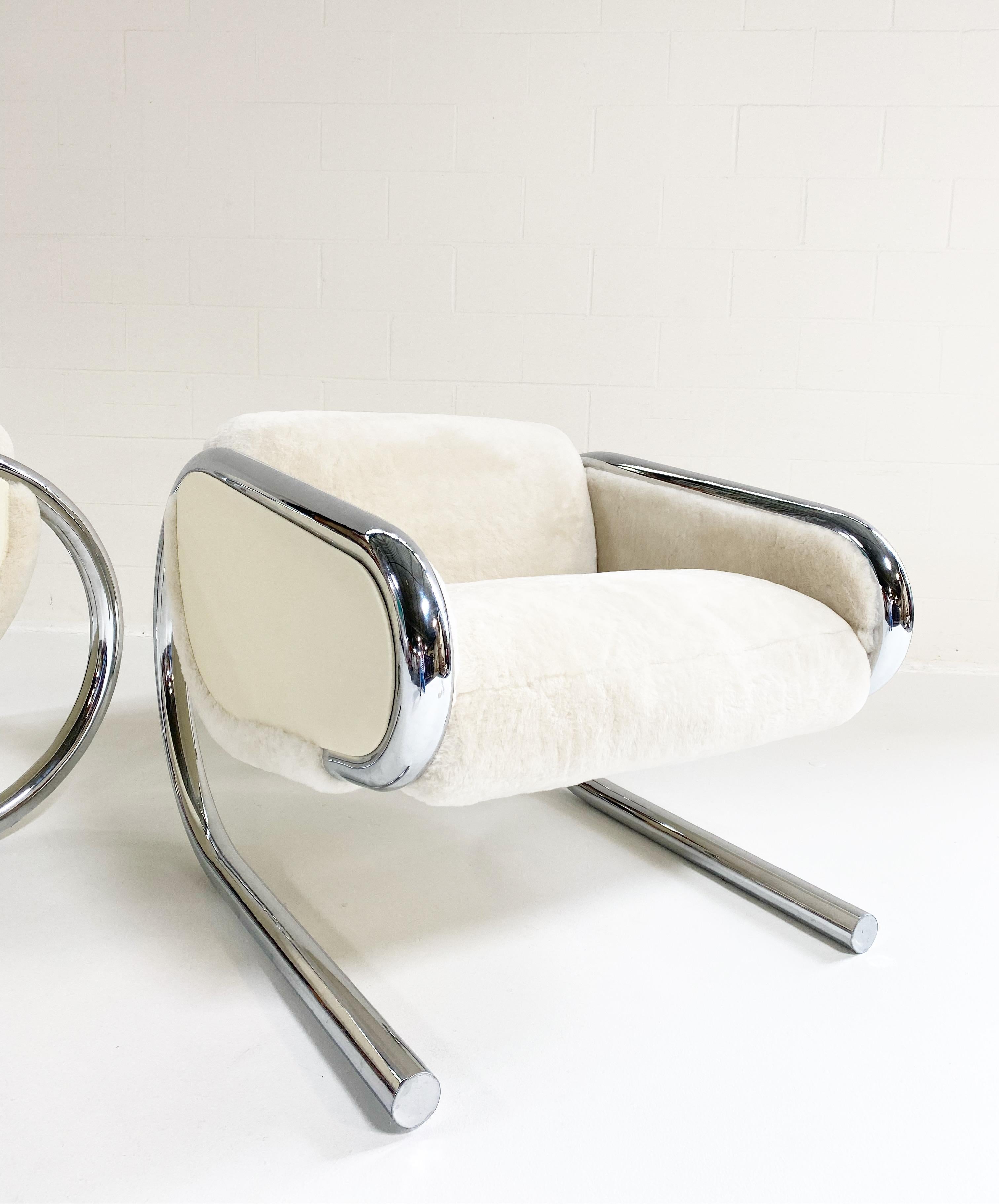 Vintage Roger Sprunger Chrome Lounge Chairs, Restored in Shearling and Leather 3
