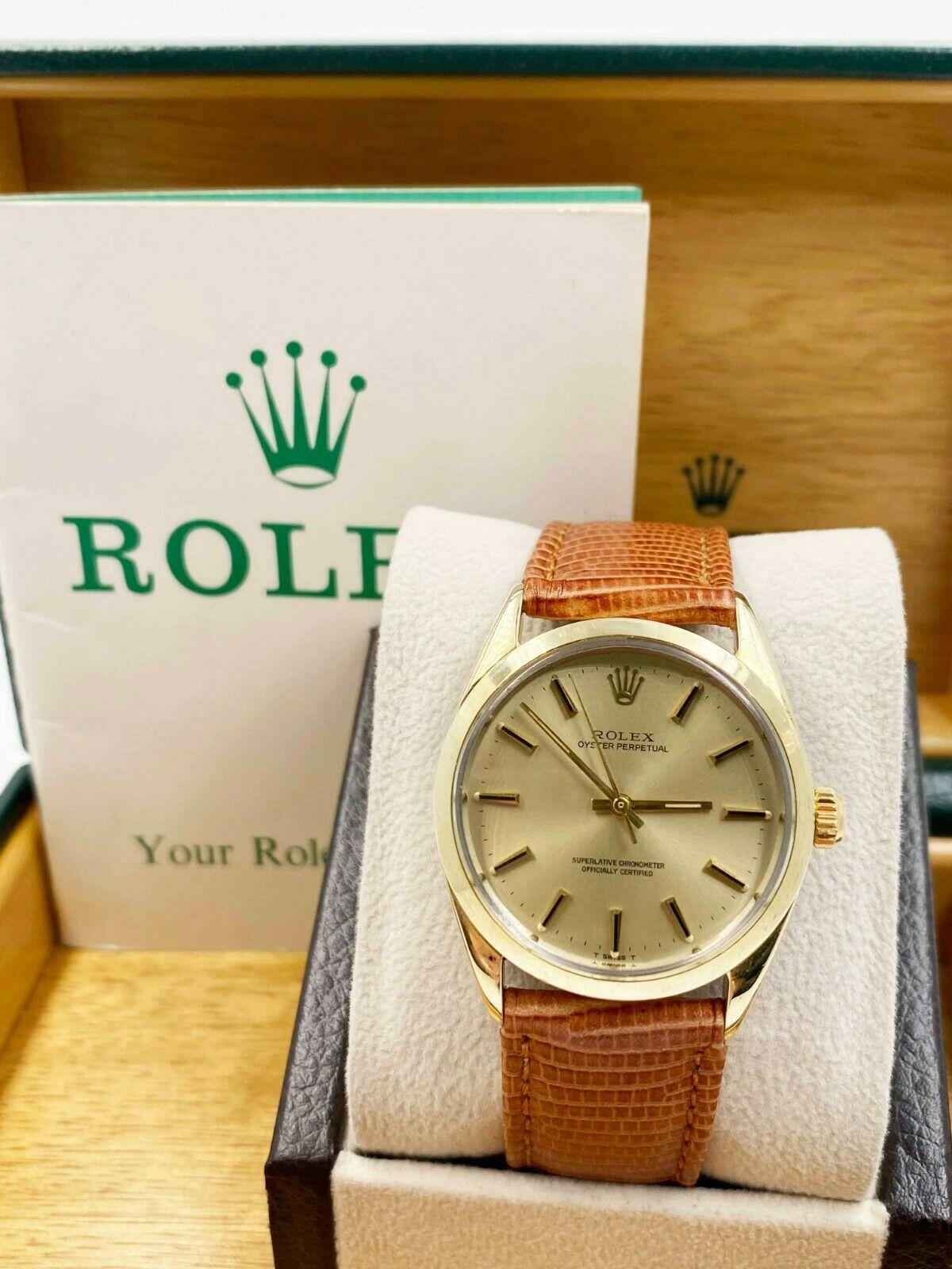 Style Number: 1024

 

Serial: 2197***


Year: 1970

 

Model: Oyster Perpetual

 

Case Material:  14K Yellow Gold Capped

 

Band: Custom Leather Band 

 

Bezel:  14K Yellow Gold Capped

 

Dial: Champagne

 

Face: Acrylic 

 

Case Size: 34mm

