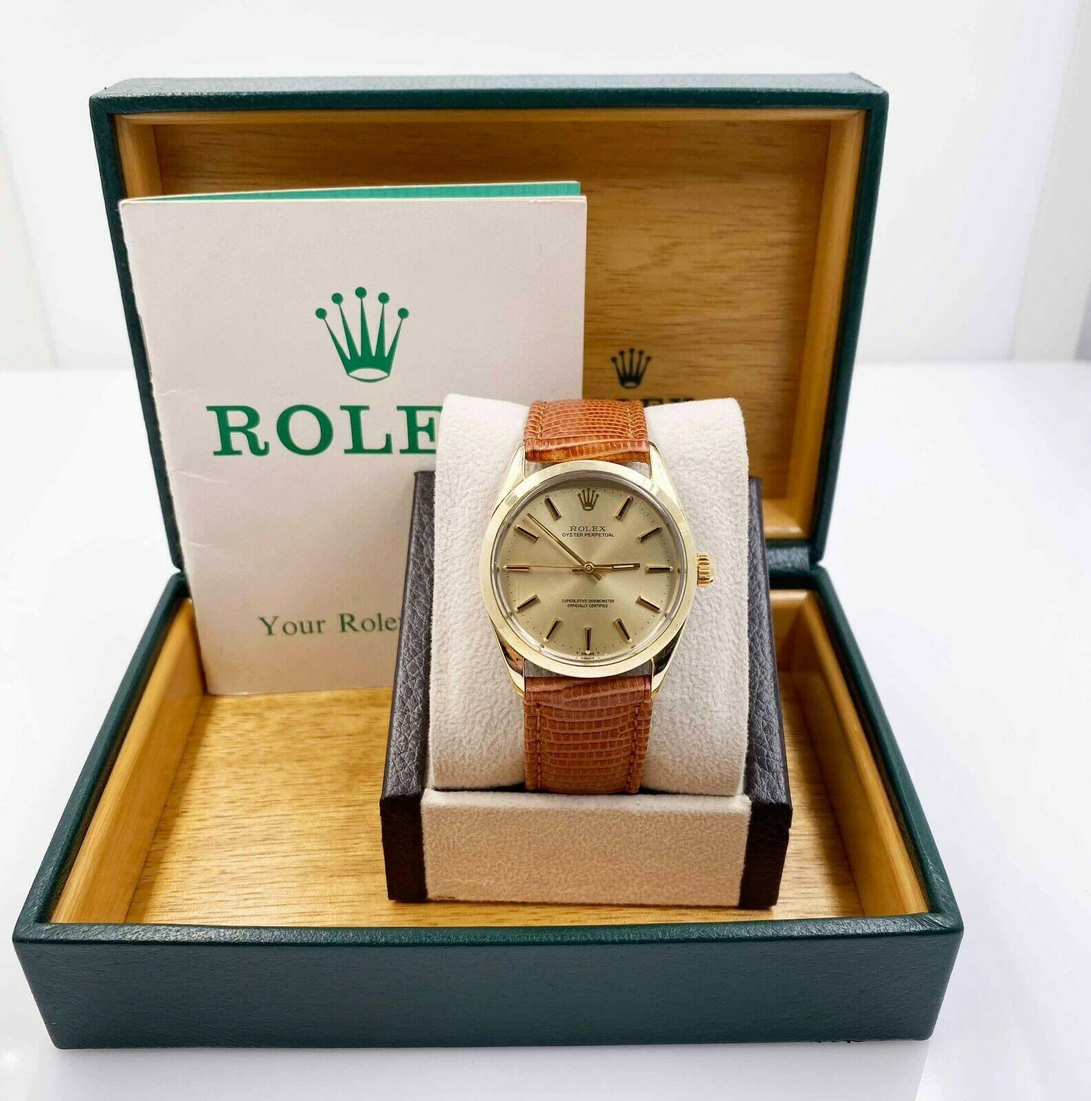 Vintage Rolex 1024 Oyster Perpetual 14K Gold Capped Leather Strap Box Booklet In Good Condition In San Diego, CA