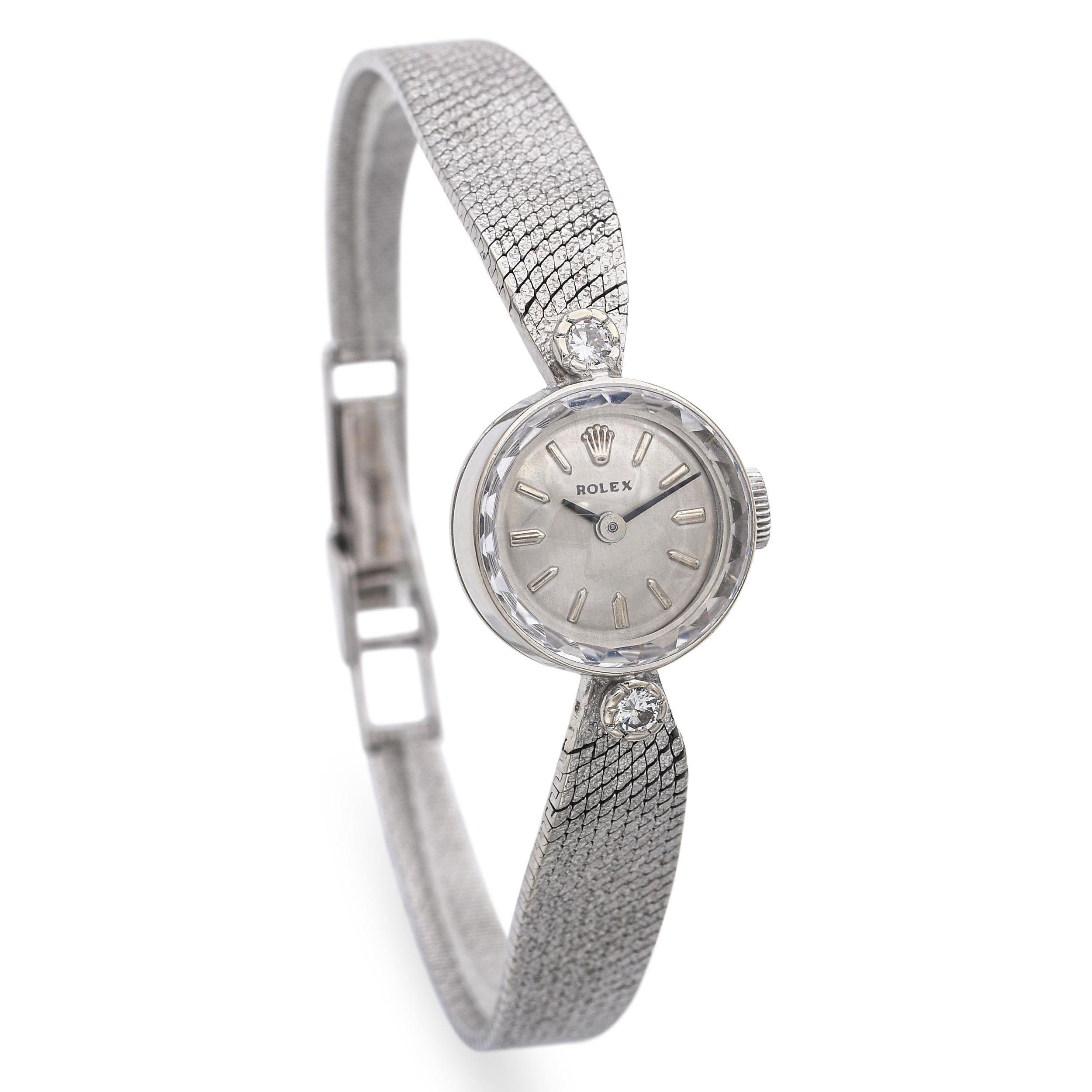 Taglio rotondo Rolex d'epoca in oro bianco 14 carati con diamanti, orologio da donna con carica manuale