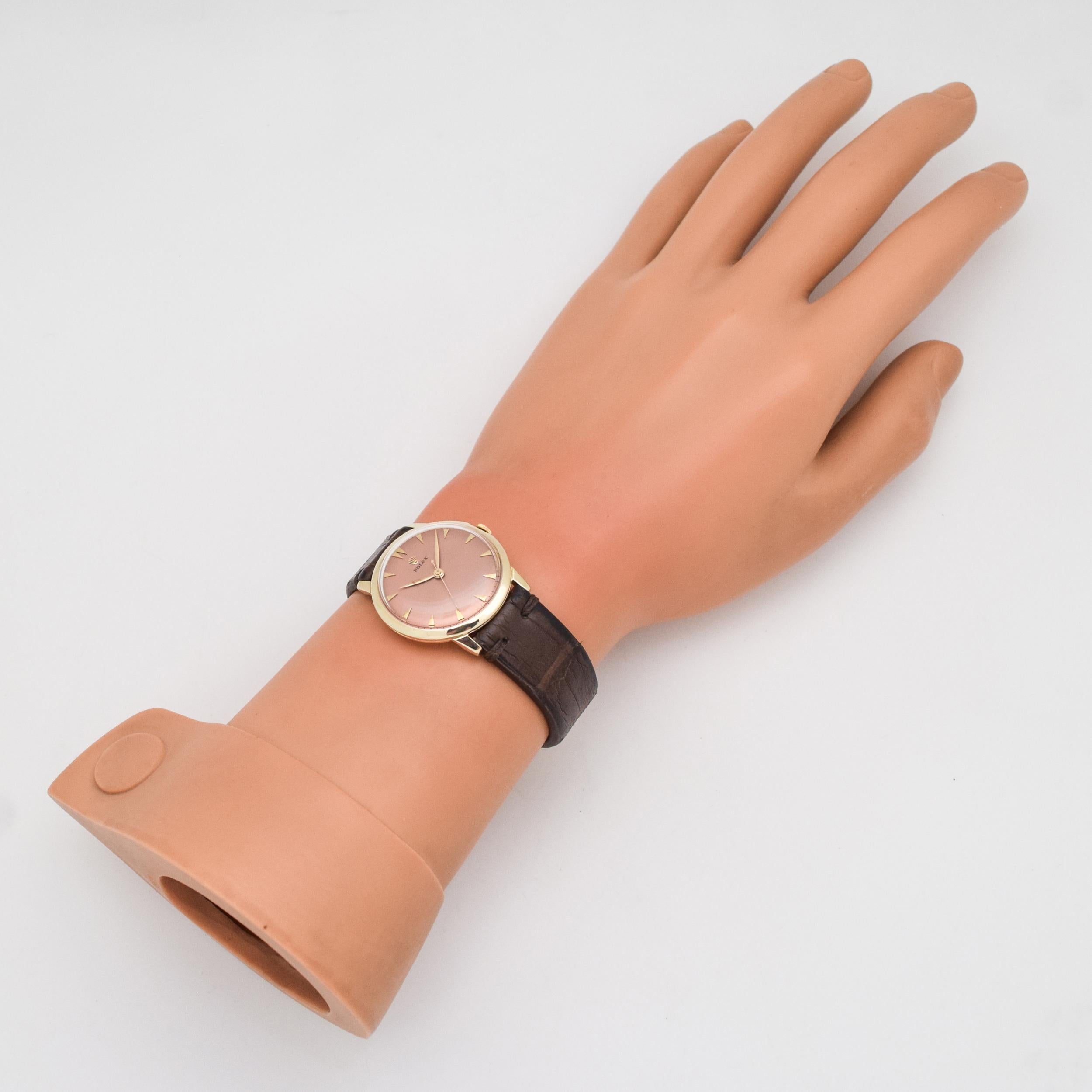 Vintage Rolex 14 Karat Yellow Gold Watch with a Salmon Dial, 1960s For Sale 2