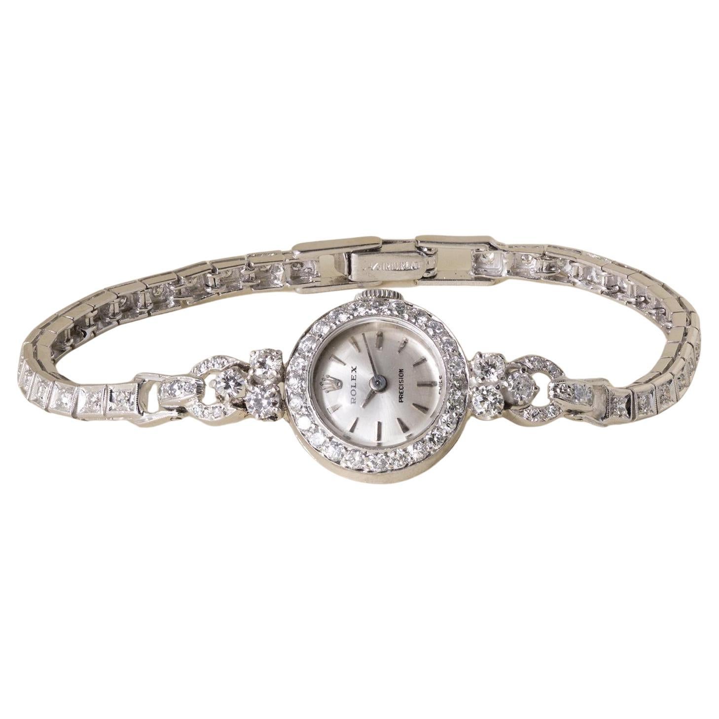 Reloj de cóctel Rolex vintage para señora en platino de precisión con diamantes de 1,50 quilates