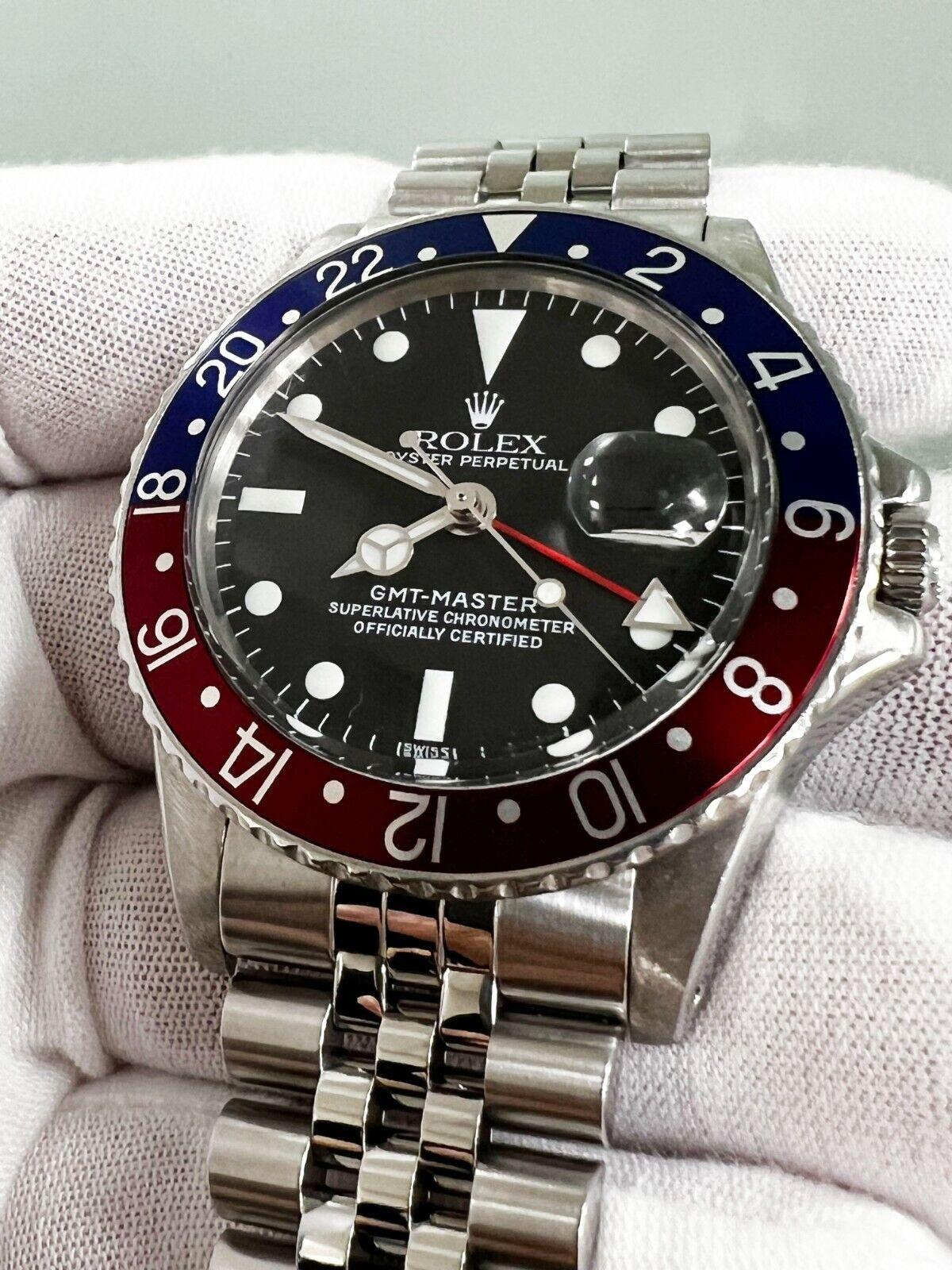 Rolex 1675 GMT Master Pepsi rouge et bleu médaillon d'anniversaire en acier inoxydable 6