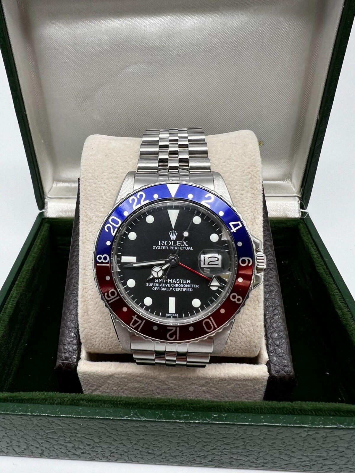 Vintage Rolex 1675 GMT Master Pepsi Red and Blue Stainless Jubilee Band MINT 9