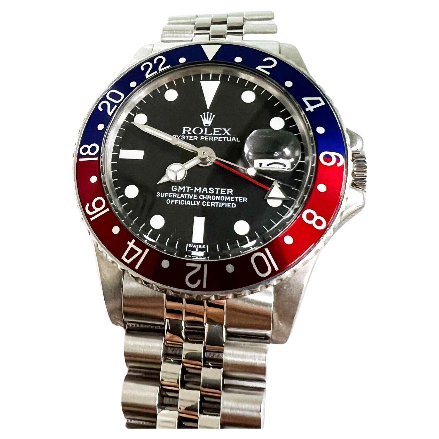 Vintage Rolex 1675 GMT Master Pepsi Red and Blue Stainless Jubilee Band MINT