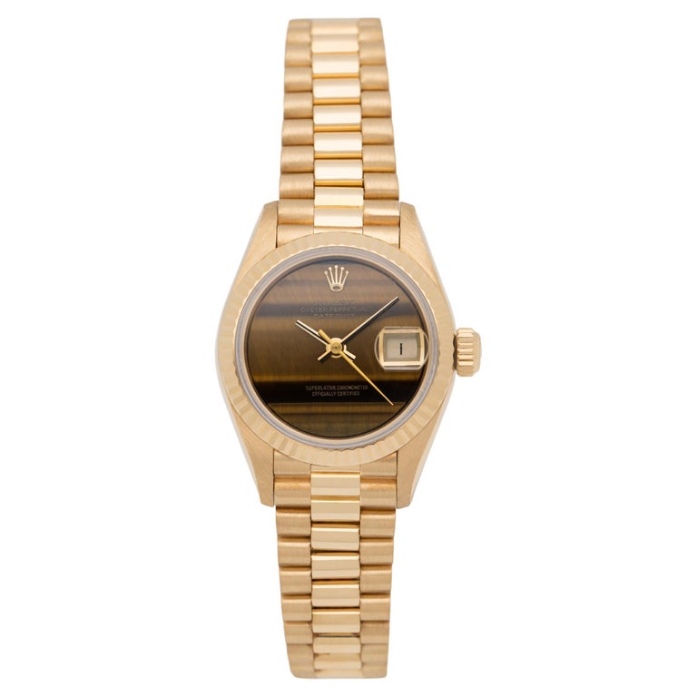 Vintage Rolex 18 Karat Yellow Gold and Tiger's Eye DateJust Model 69178 c. 1991  For Sale