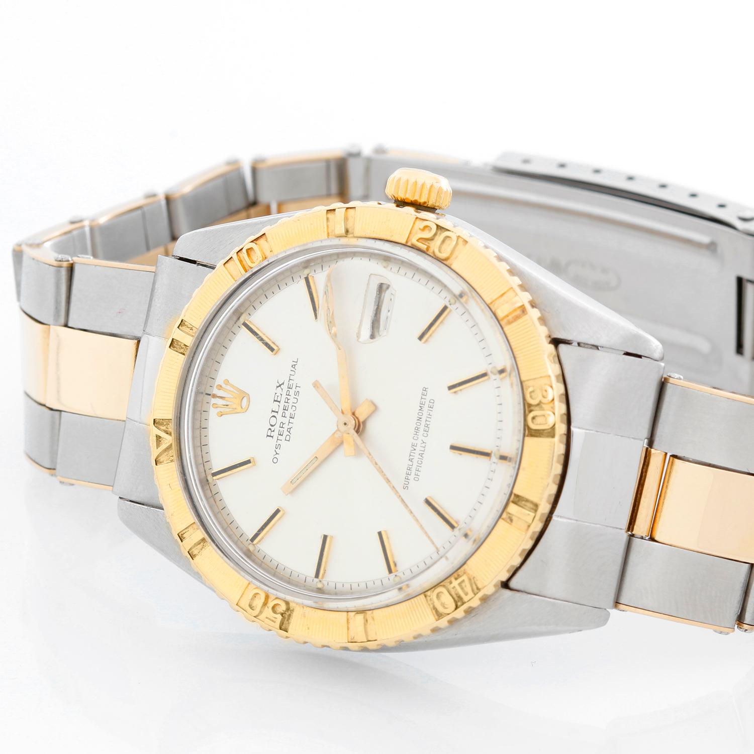 Vintage Rolex 18k Yellow Gold Thunderbird Turnograph Men's Watch 1625 - Automatic winding; acrylic crystal. Stainless steel and yellow gold with a Thunderbird bezel. Silver dial with stick markers. Very rare collectible Stainless steel with yellow