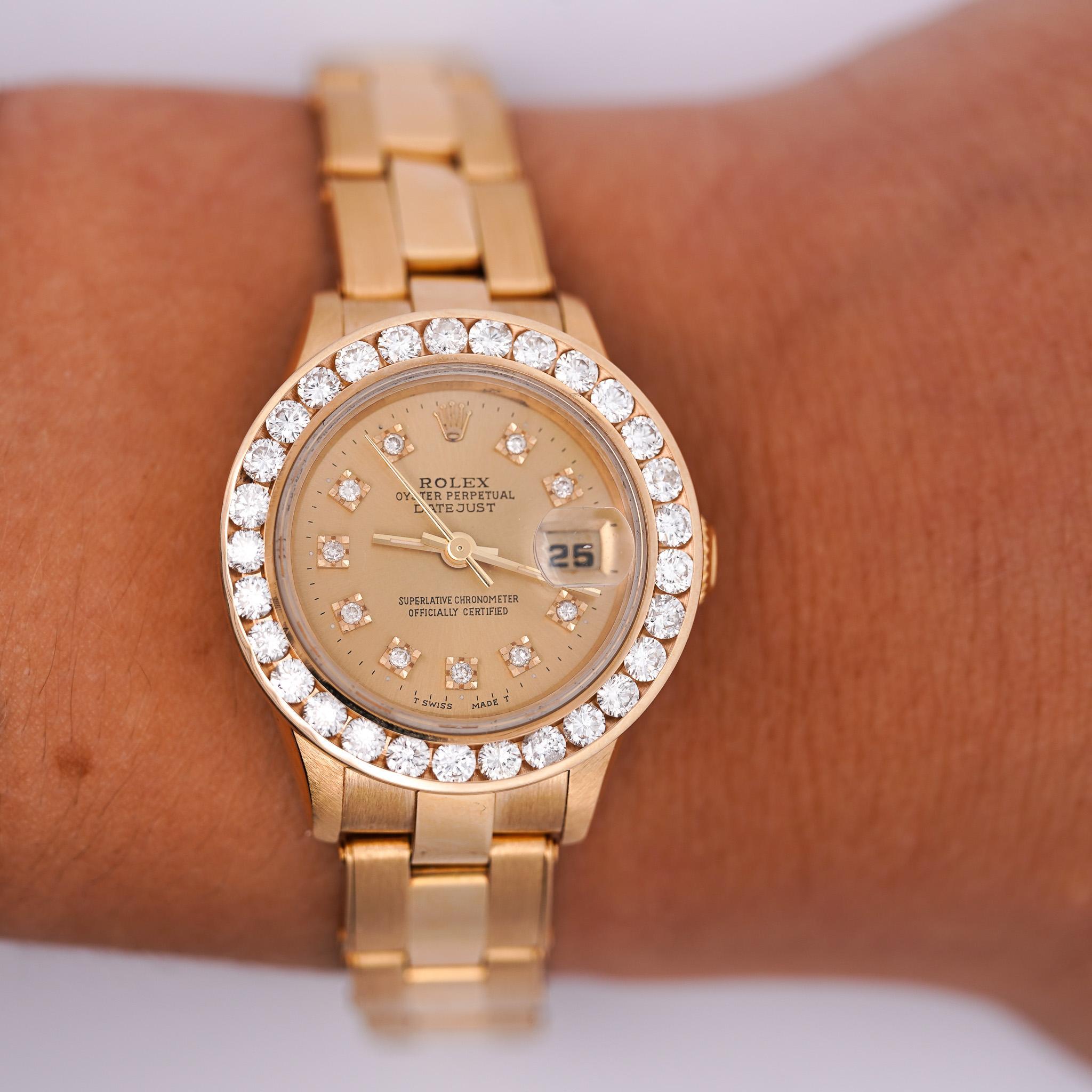 Women's or Men's Vintage Rolex 18K Gold DateJust 28mm Diamond Bezel & Dial Watch For Sale
