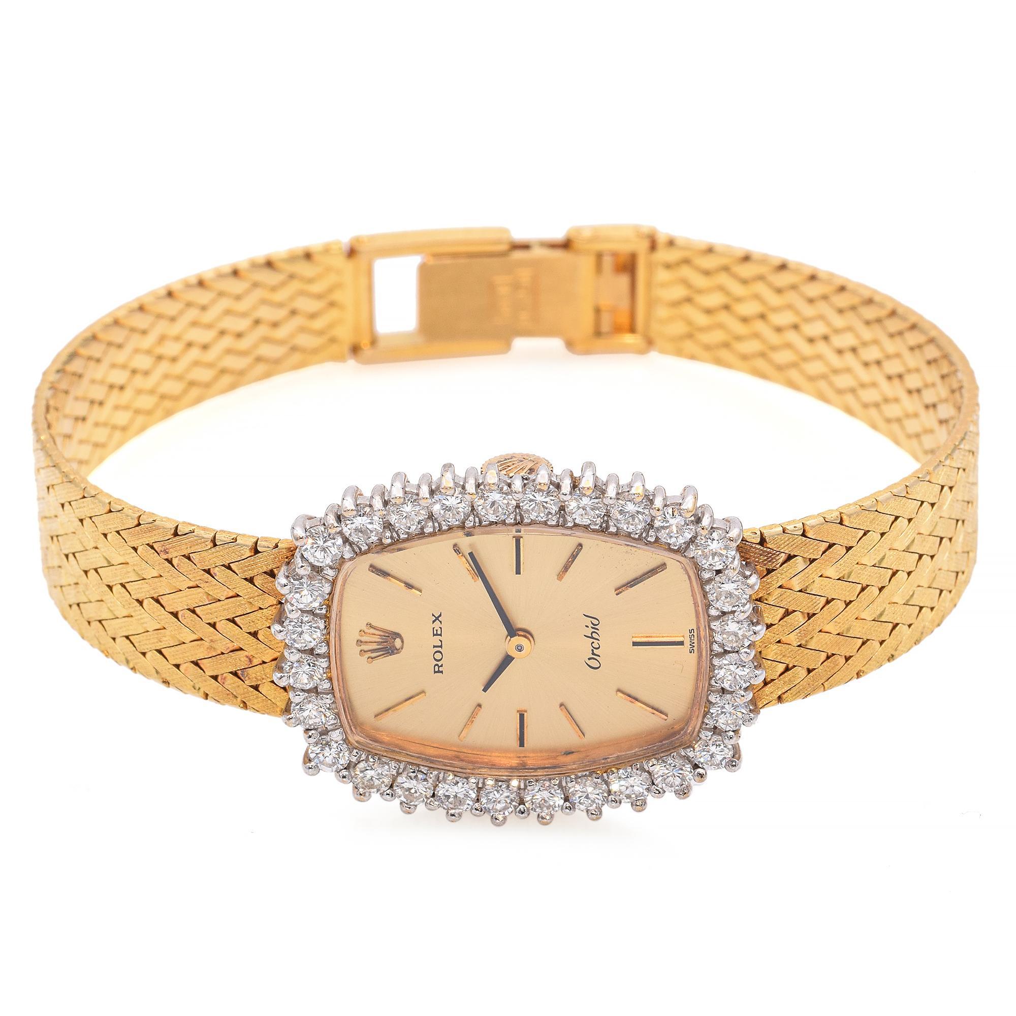 This Rolex Orchid Ladies Wristwatch, crafted in Switzerland circa 1975, embodies timeless elegance and precision. Powered by a manual movement, caliber 1400, it offers reliable hour and minute display. The champagne dial features refined gold baton