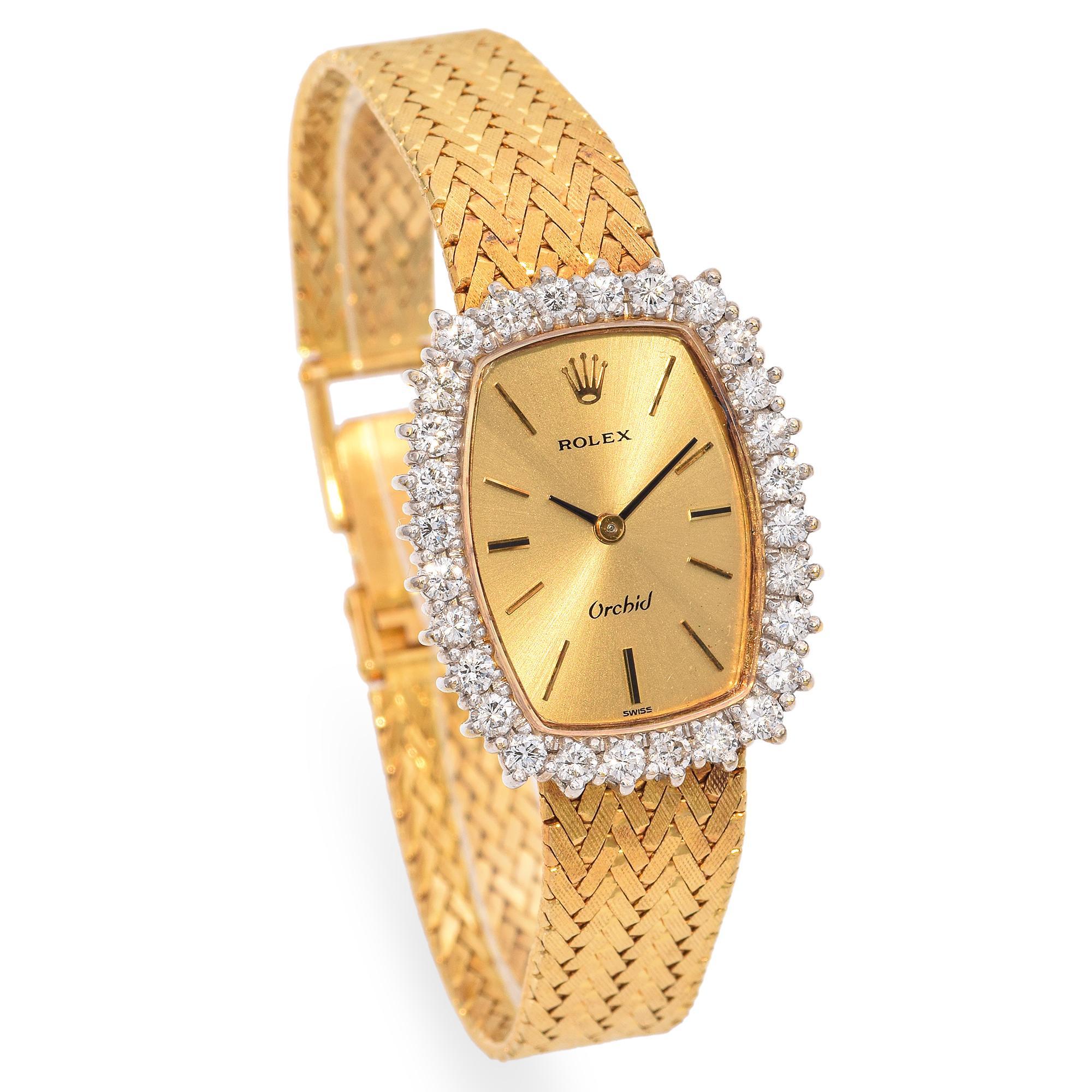 Round Cut Vintage Rolex 18k Yellow Gold and Diamond Orchid Ladies Watch