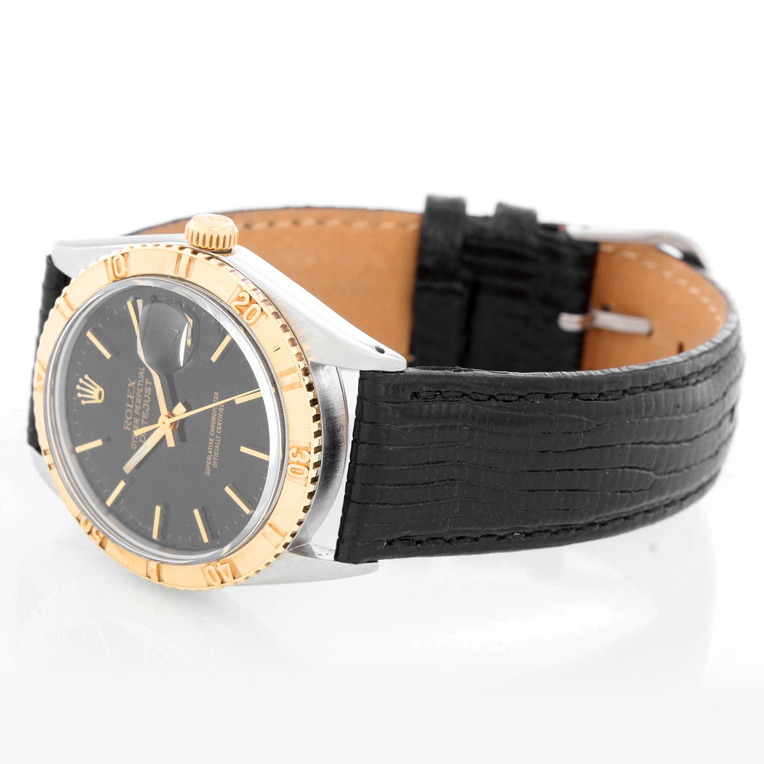 Vintage Rolex 2-Tone Steel & Gold Thunderbird Datejust 1625 - Automatic winding; acrylic crystal. Stainless steel case with yellow gold Thunderbird bezel. Black dial with gold stick markers. Strap band. Pre-owned with custom box.