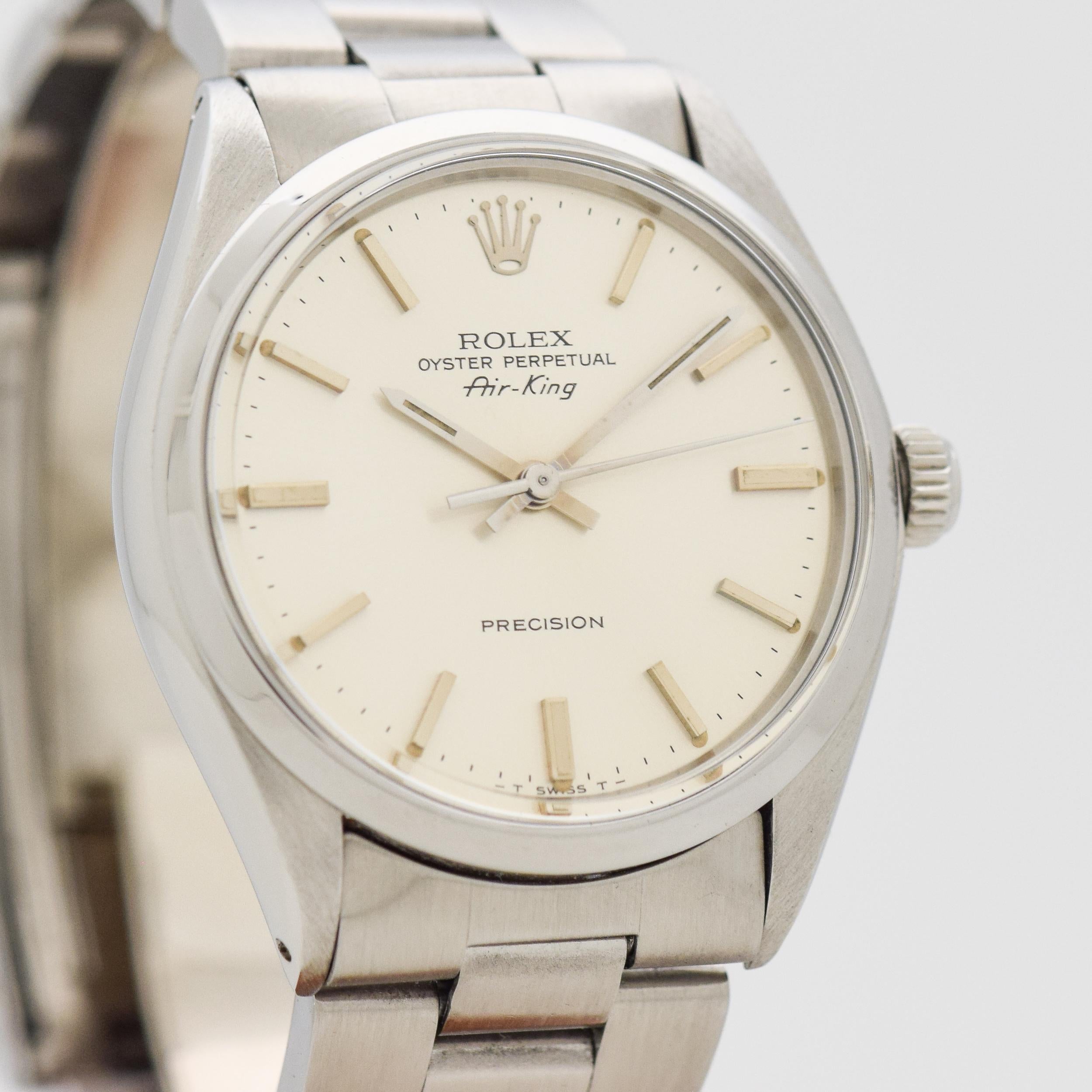 1979 Vintage Rolex Air-King Ref. 5500 Stainless Steel watch with Original Silver Dial with Applied Steel Stick/Bar/Baton Markers with Original Rolex Stainless Steel Oyster Bracelet. 34mm x 39mm lug to lug (1.34 in. x 1.54 in.) - 26 jewel, automatic