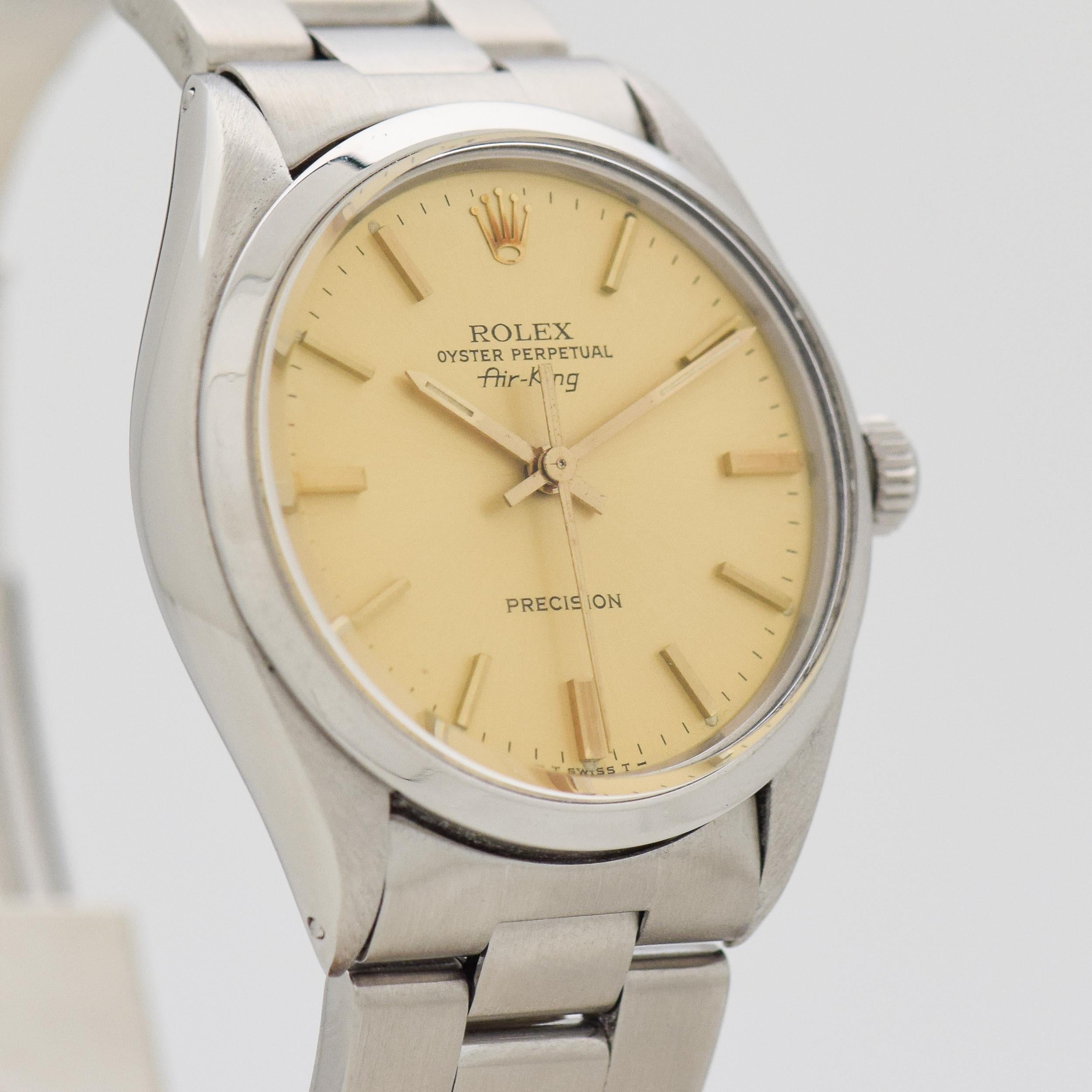 1979 Vintage Rolex Air-King Ref. 5500 Stainless Steel watch with Original Champagne Dial with Applied Gold Color Beveled Stick/Bar/Baton Markers with Original Rolex Stainless Steel Oyster Bracelet. 34mm x 38mm lug to lug (1.34 in. x 1.5 in.) - 26