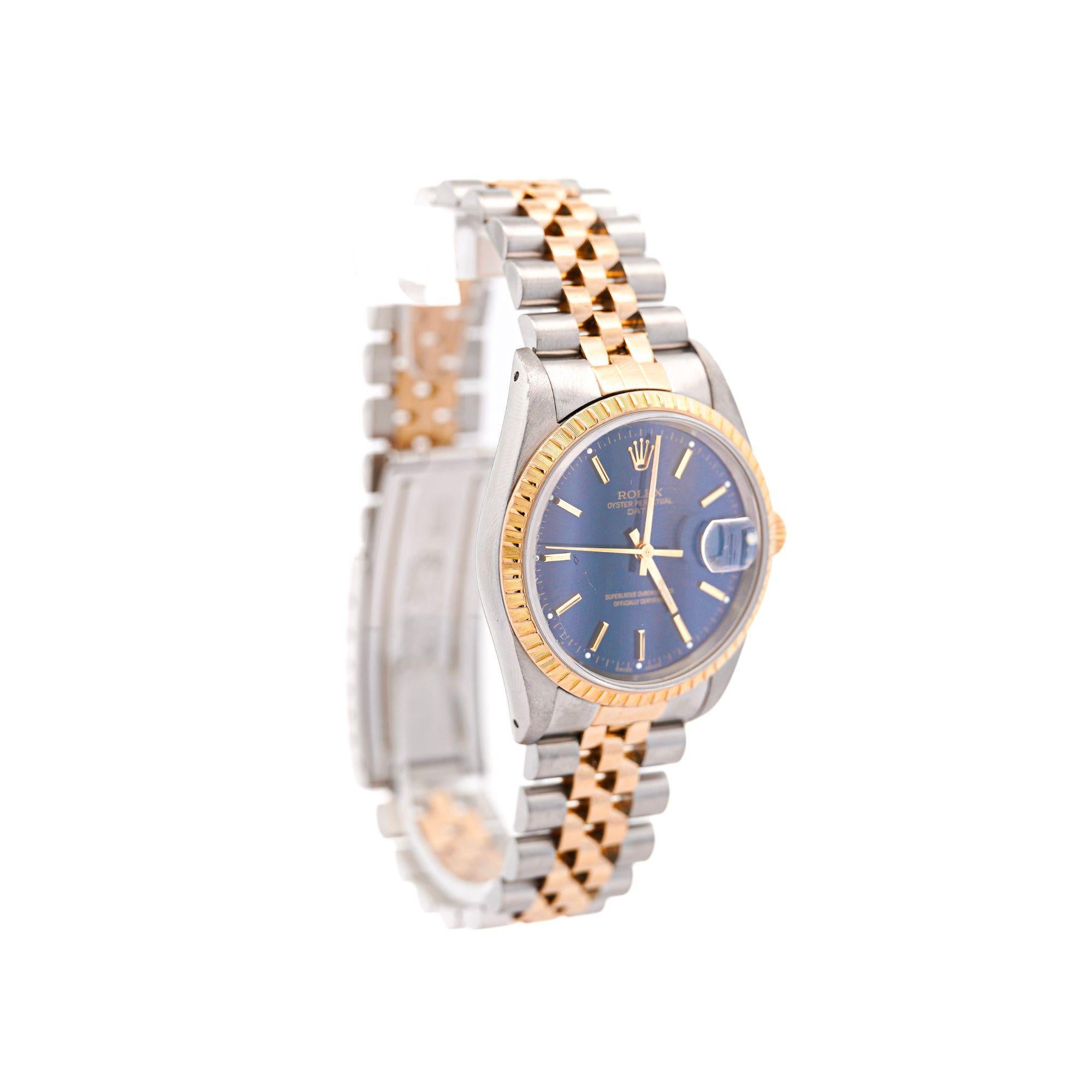 Women's or Men's Vintage Rolex Blue Dial Oyster Date 34mm Two Tone Fluted on Jubilee Watch