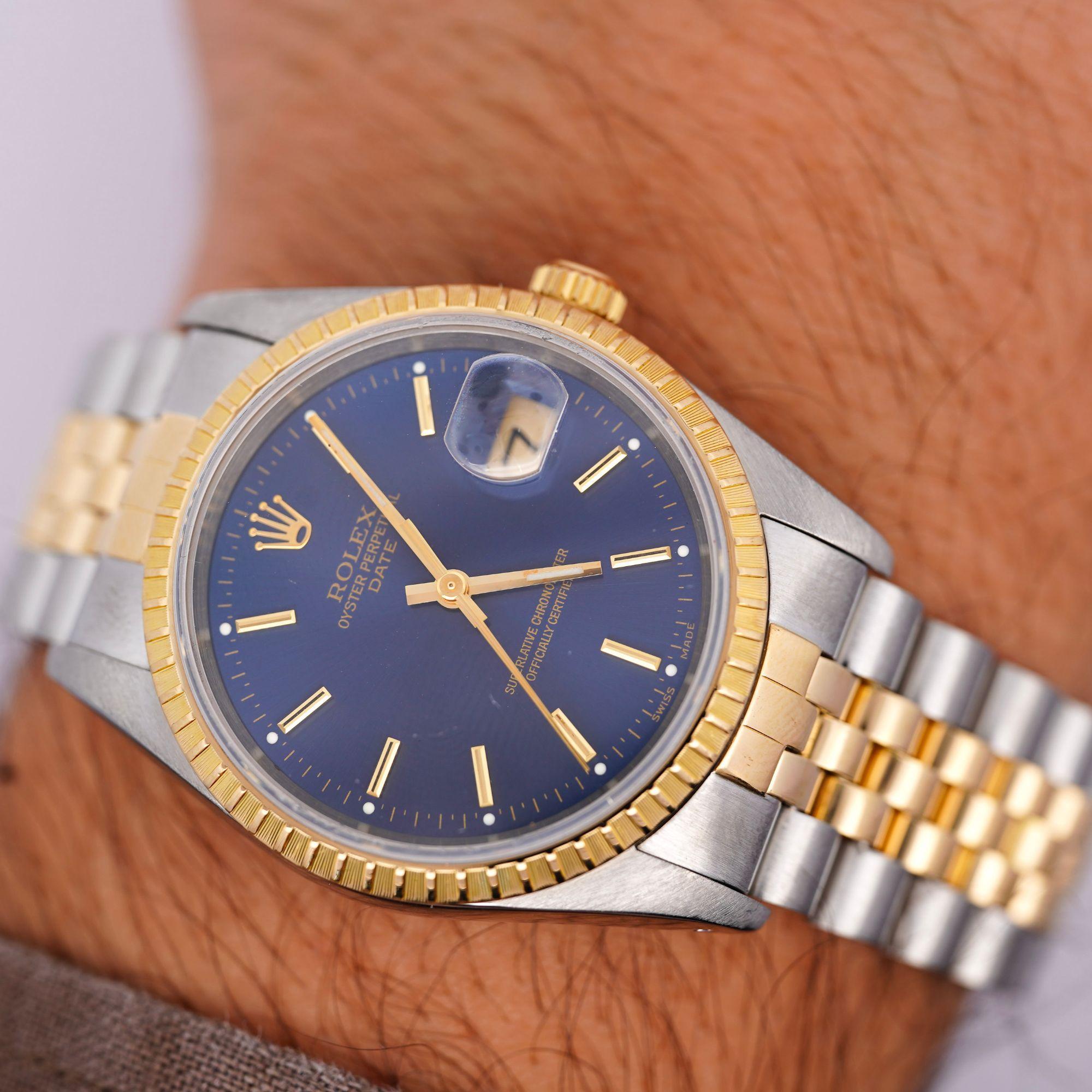 Vintage Rolex Blue Dial Oyster Date 34mm Two Tone Fluted on Jubilee Watch 3