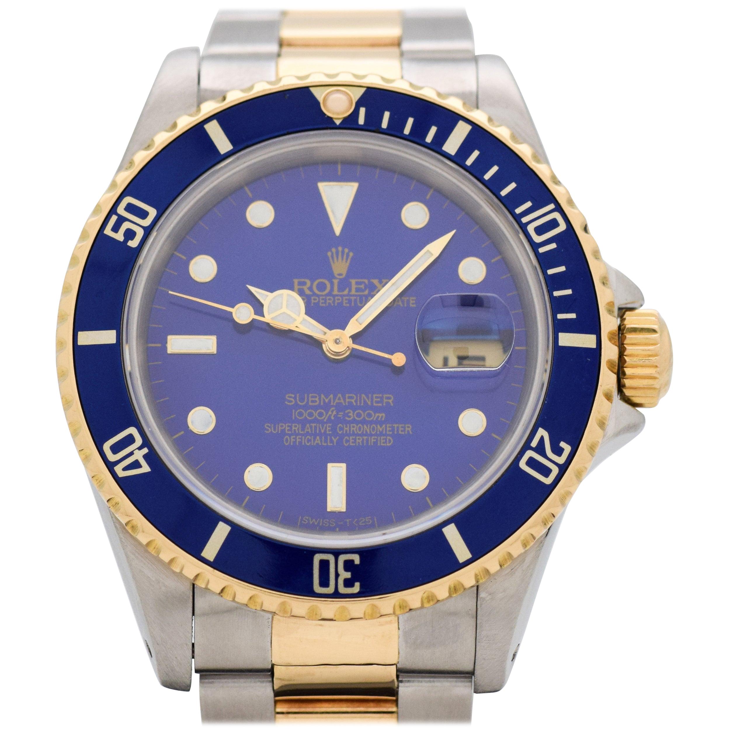 Vintage Rolex Blue Submariner Reference 16613 Two-Tone Watch, 1989