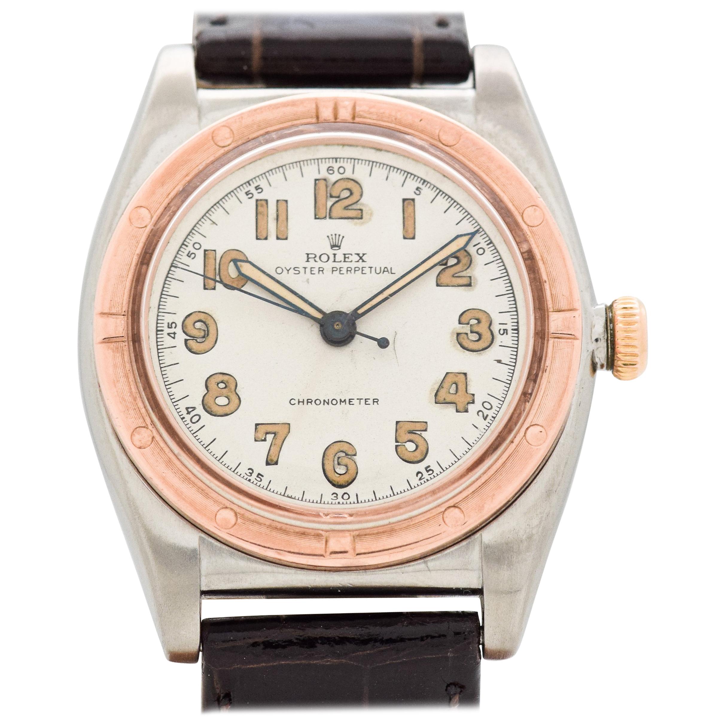 Vintage Rolex Bubbleback Reference 3372 Rose Gold and Stainless Steel Watch 1944