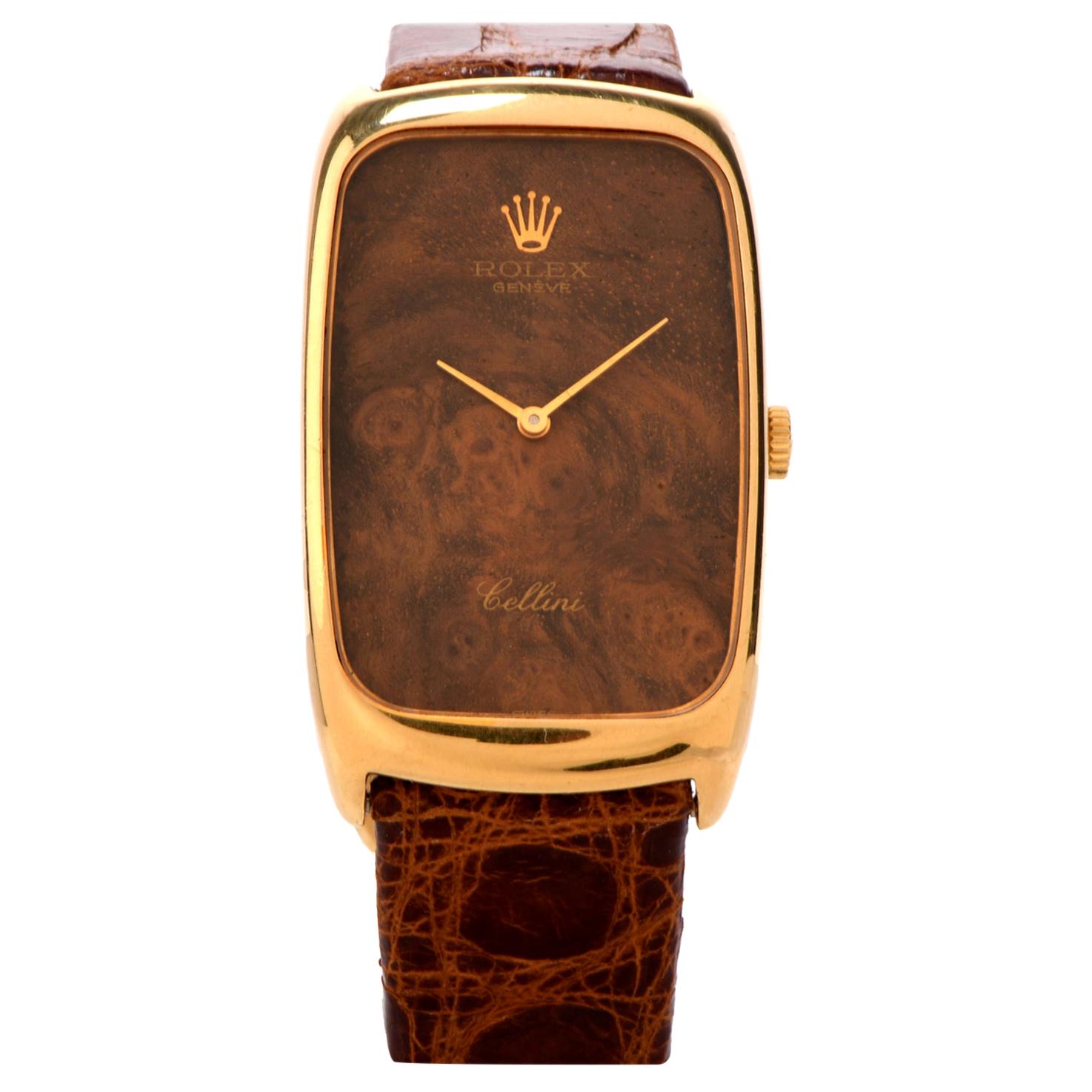 Vintage Rolex Cellini 18 Karat Gold Wood Dial Leather Watch