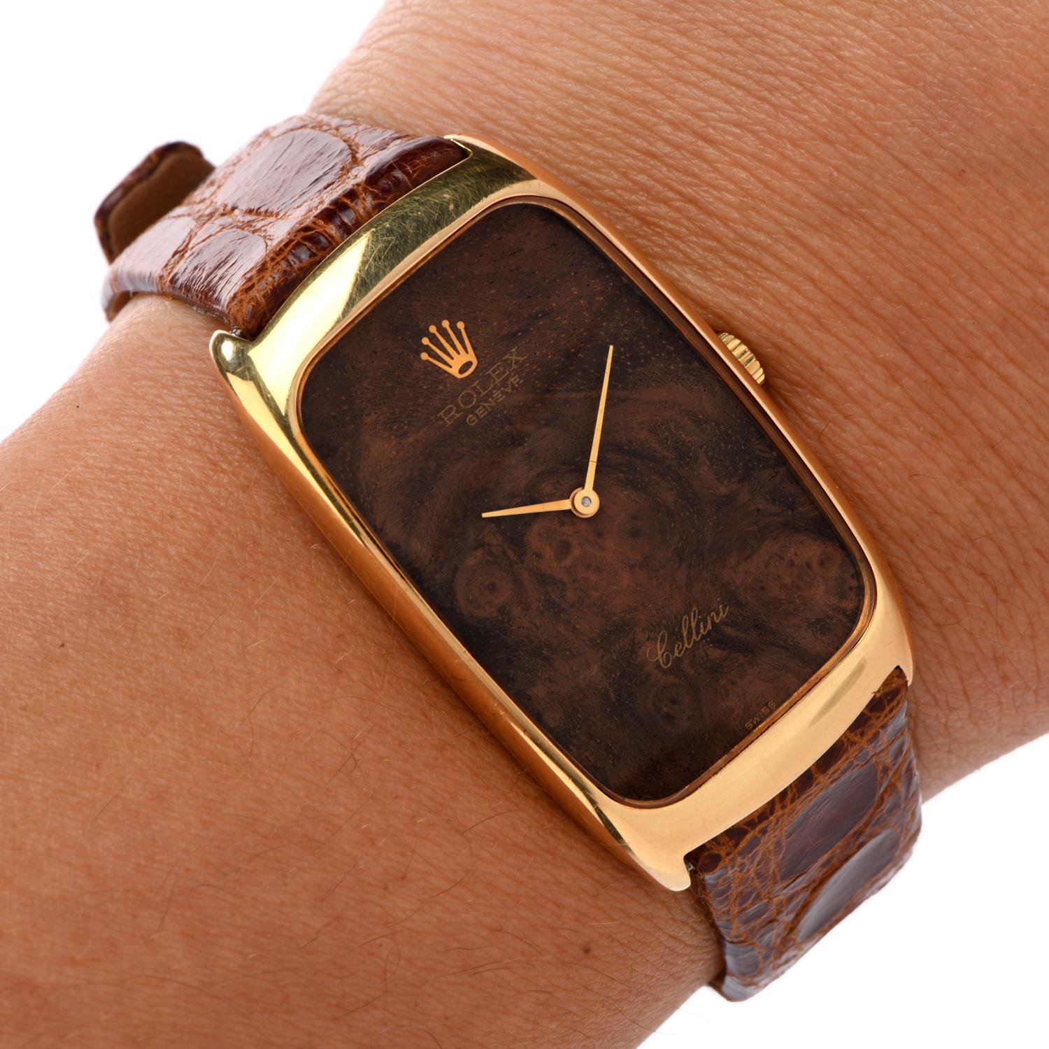 Modern Vintage Rolex Cellini 18 Karat Gold Wood Dial Leather Watch