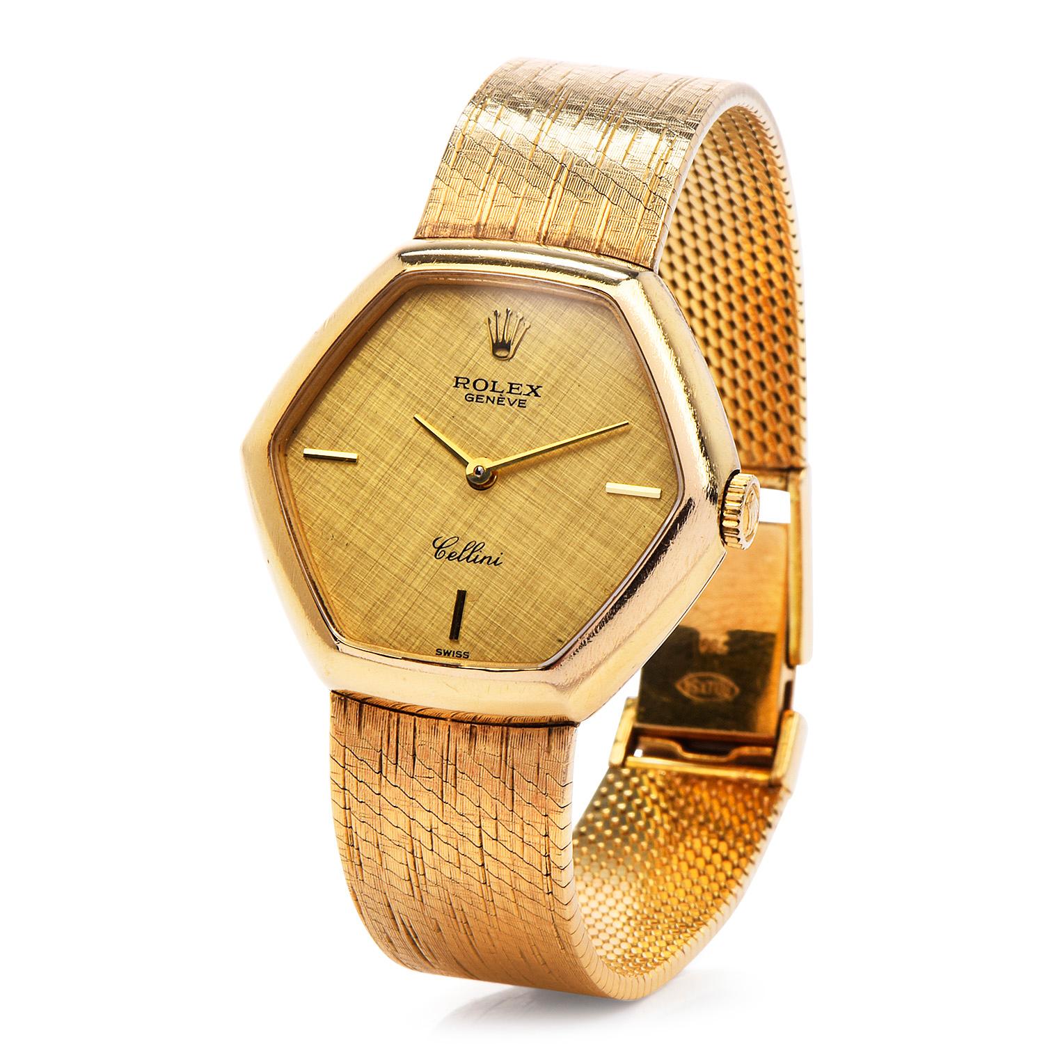 Retro Vintage Rolex Cellini 18K Yellow Gold Hexagon Case Ladies Wristwatch