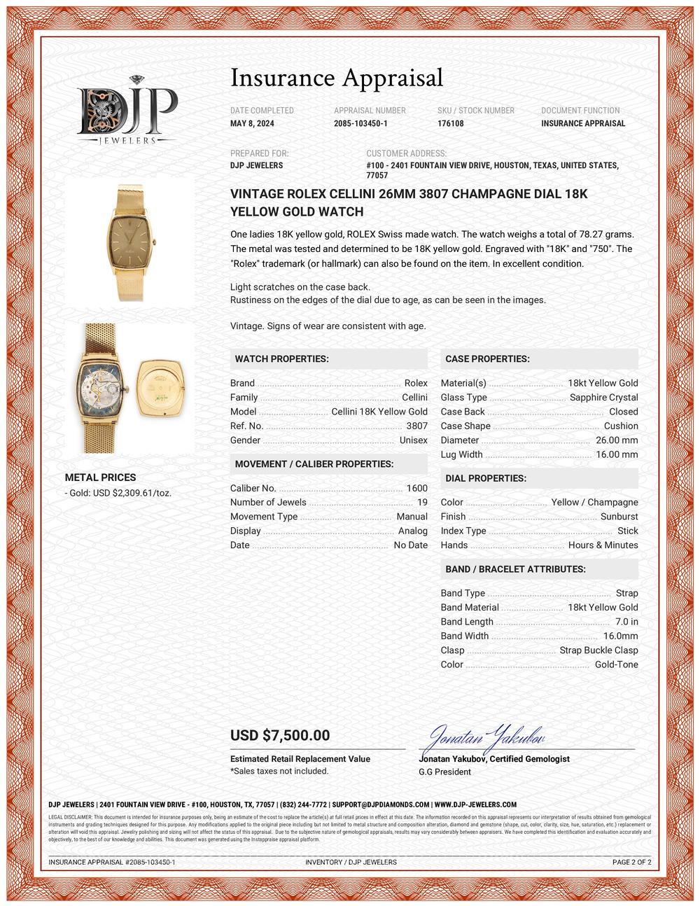 Reloj Rolex Cellini Vintage 26MM 3807 Esfera Champán Oro Amarillo 18K 7