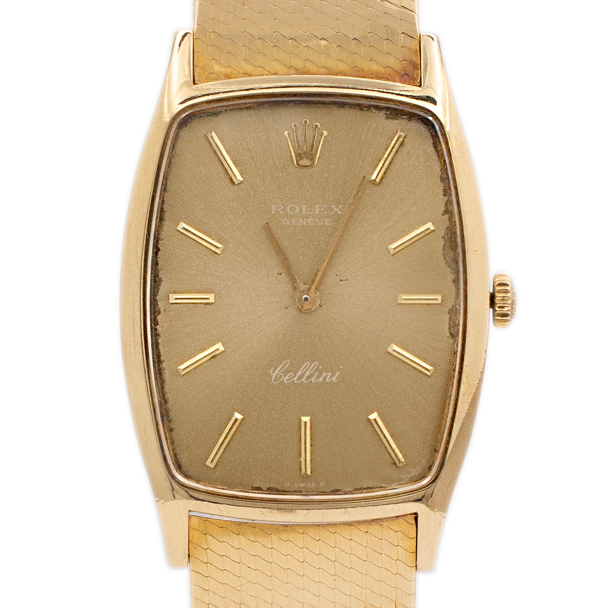 Brand: Rolex

Gender: Ladies

Metal Type: 18K Yellow Gold

Weight: 78.27 Grams

Ladies 18K yellow gold ROLEX Swiss made watch. The metal was tested and determined to be 18K yellow gold. Engraved with 