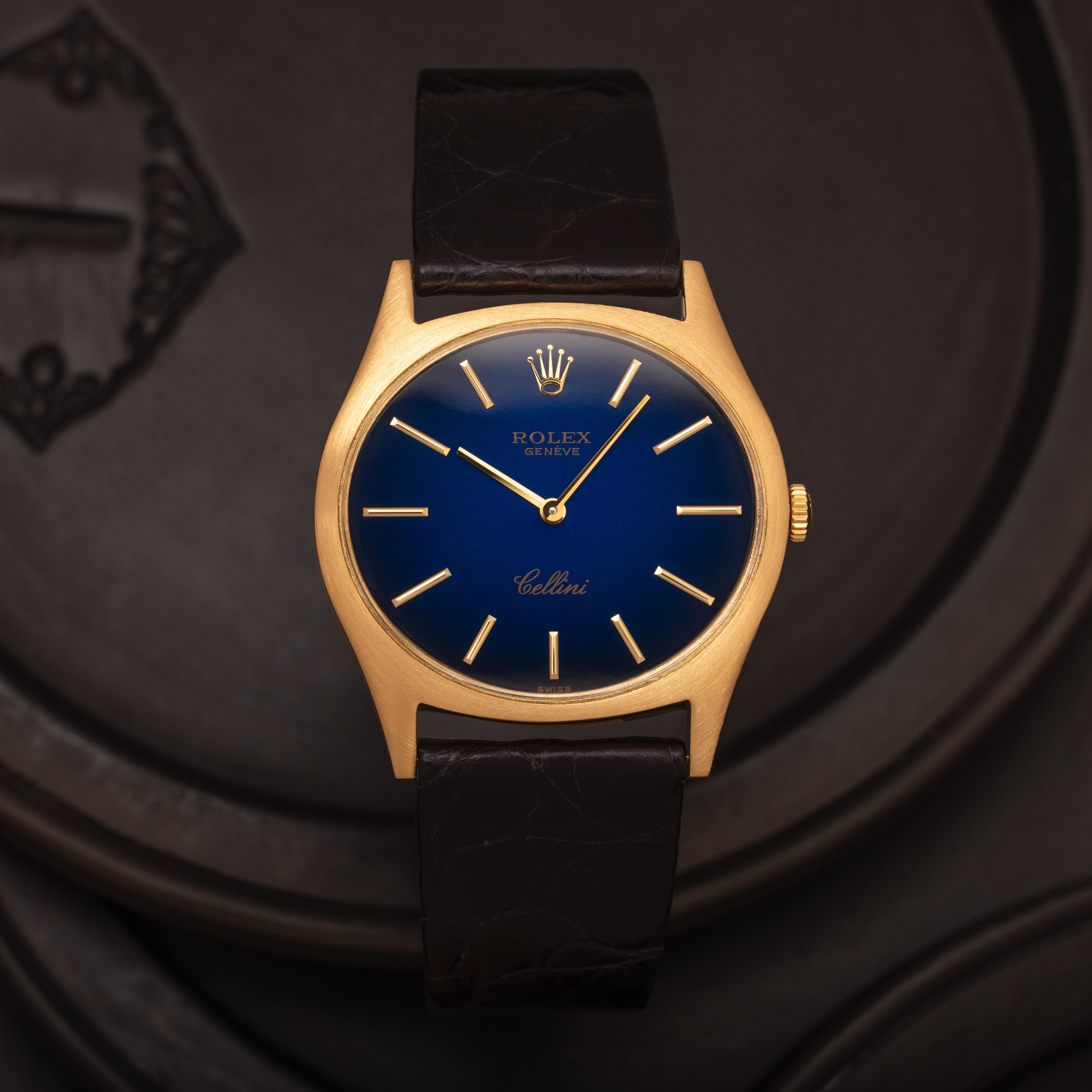 Vintage Rolex Cellini Model 3806 
18k Yellow Gold
Rare Blue Vignette Dial Manual Movement, Leather Rolex Strap and tang buckle. 
Made n Switzerland 
c.1974


Stephanie Windsor guarantees the proper functioning of this watch mechanism for ONE year