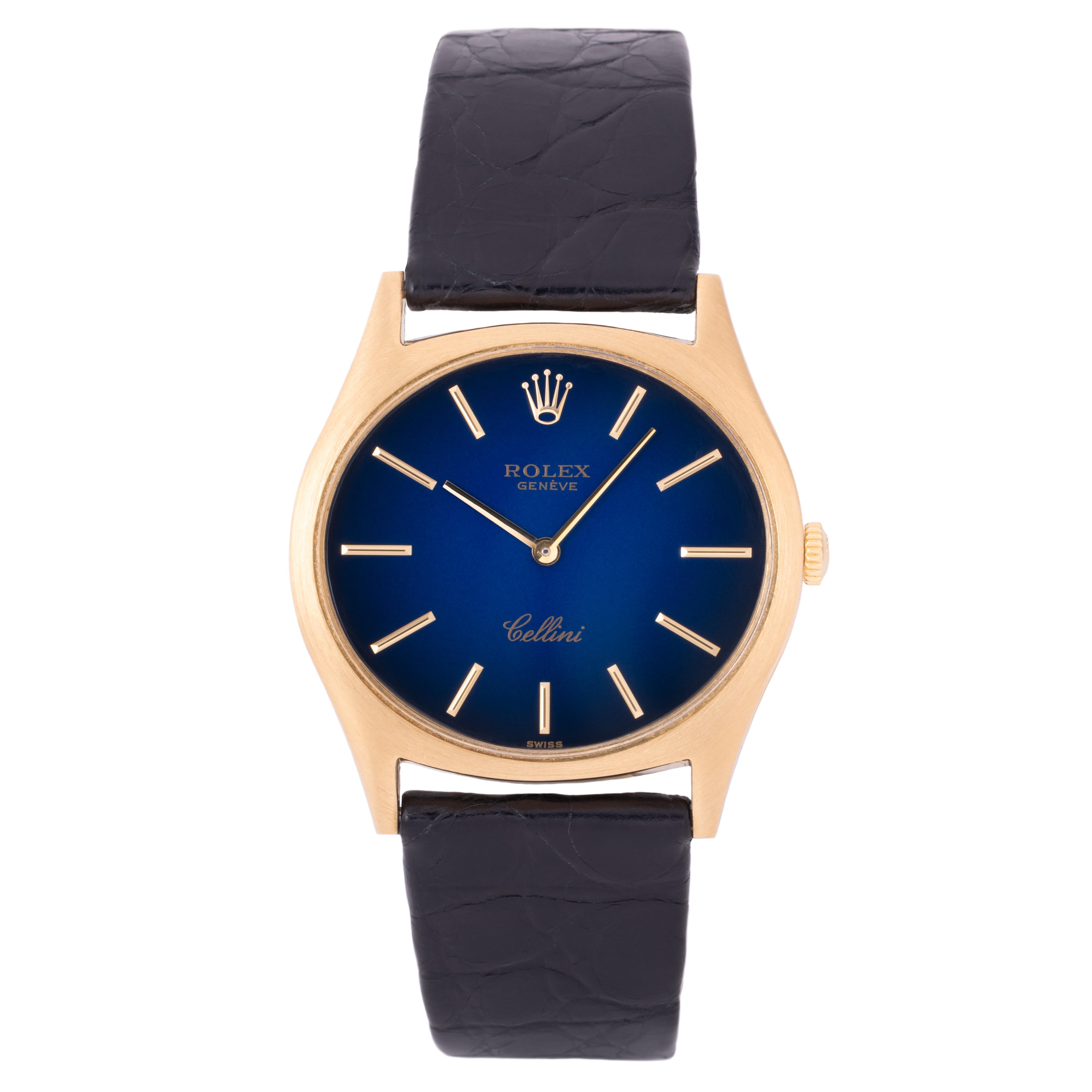 Modern Vintage Rolex Cellini Model 3806 18k Yellow Gold Rare Blue Vignette Dial