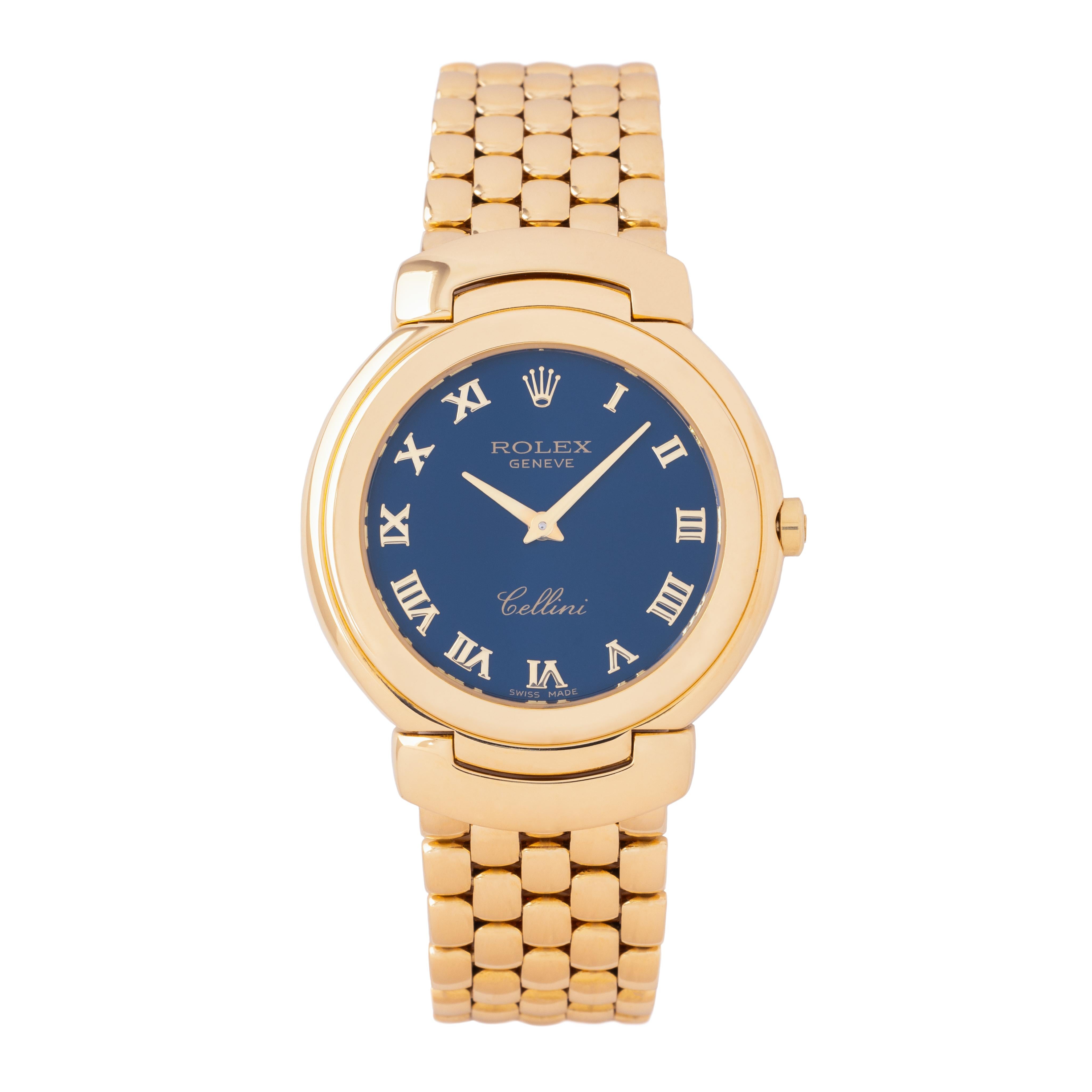 Modern Vintage Rolex Cellini Model 6622 18 Karat Yellow Gold 33mm Rare Blue Dial