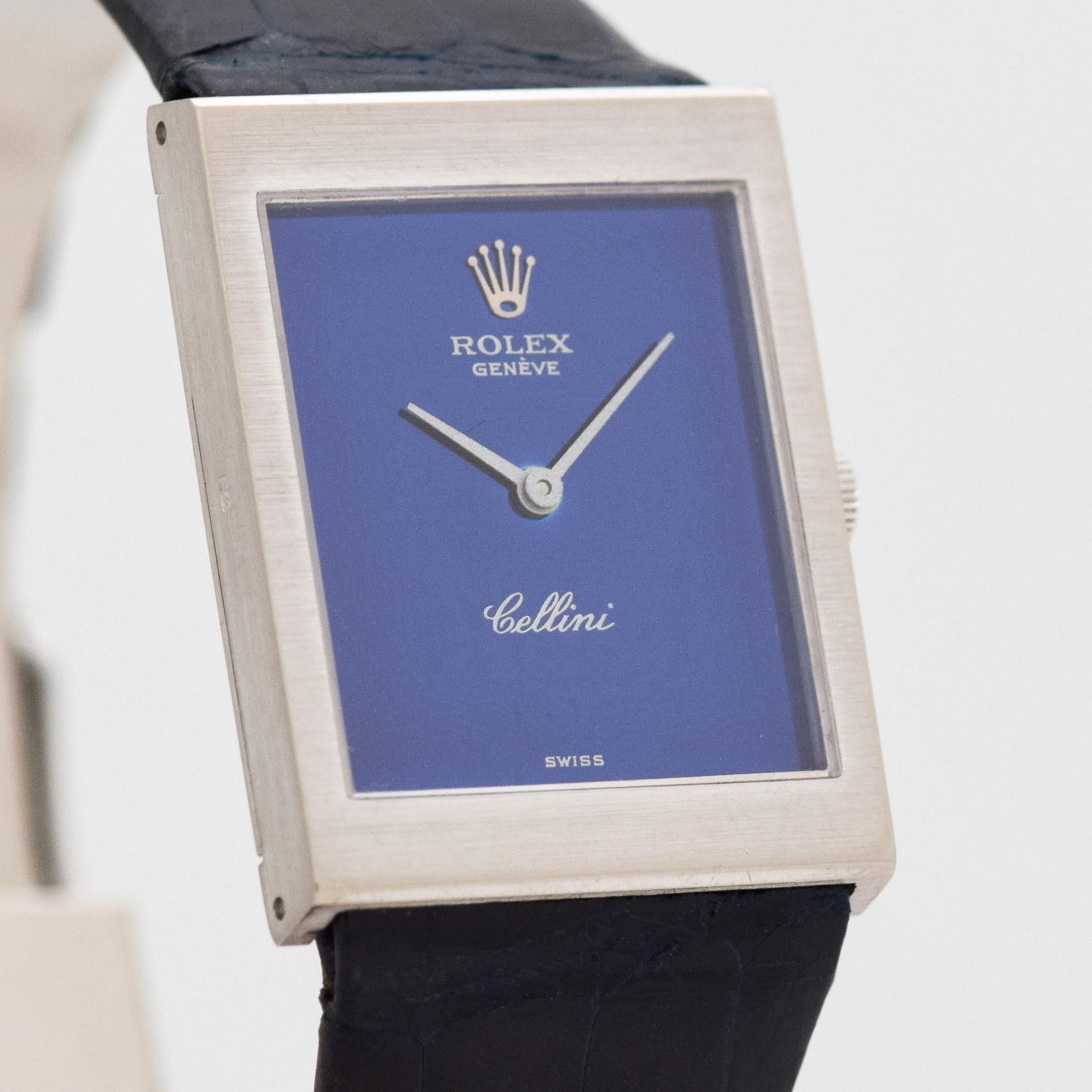 1973 Vintage Rolex Cellini 18k White Gold watch with Original Midnight Blue Dial with Original Rolex Crocodile Strap and Rolex Steel Buckle. 22mm x 29mm lug to lug (0.87 in. x 1.14 in.) - 19 jewel, manual caliber 1600 movement. Triple Signed.