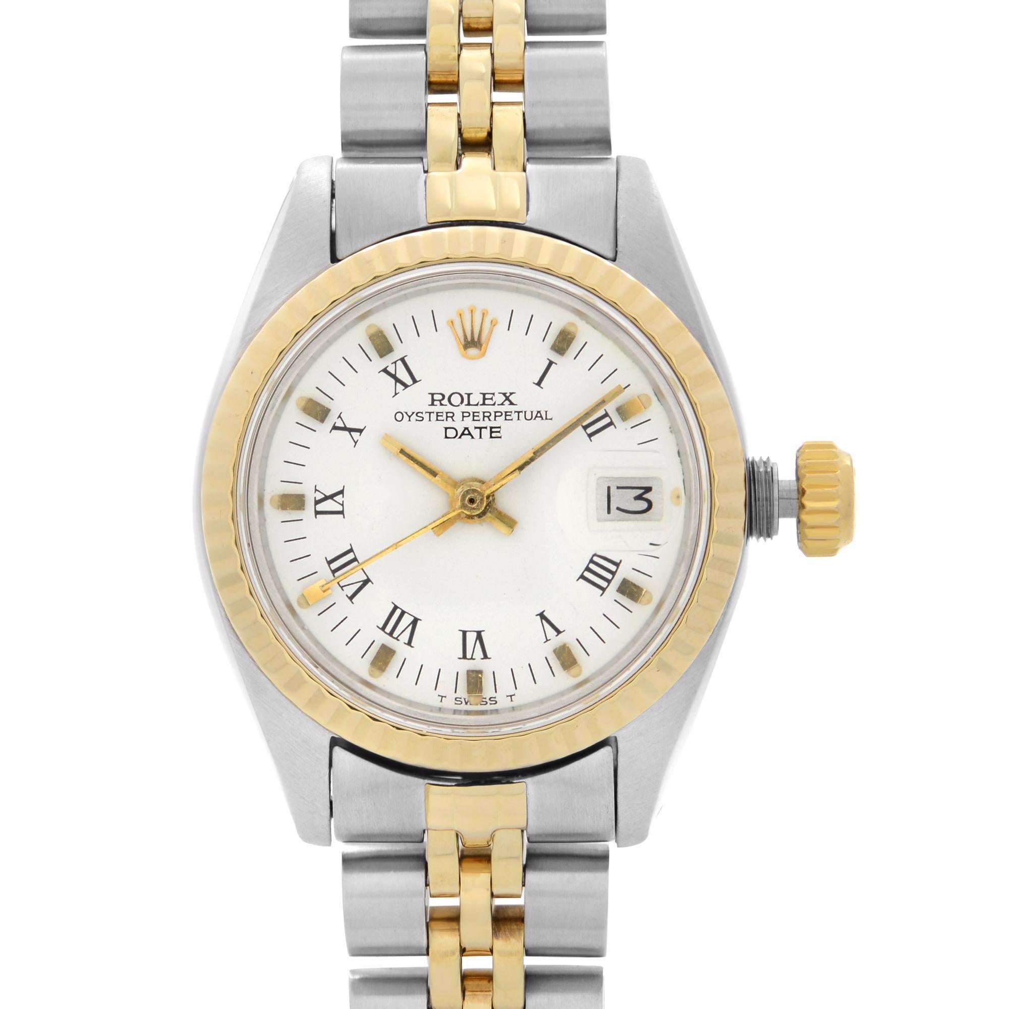 Pre-owned Vintage Rolex Date 26mm Steel Gold White Roman Dial Automatic Ladies Watch 6917. Dial have micro-scratches and dirt due to age.  Minor Discoloration on the Gold-Tone Hands And Hour Markers. The Bracelet has Moderate Slack. This Beautiful