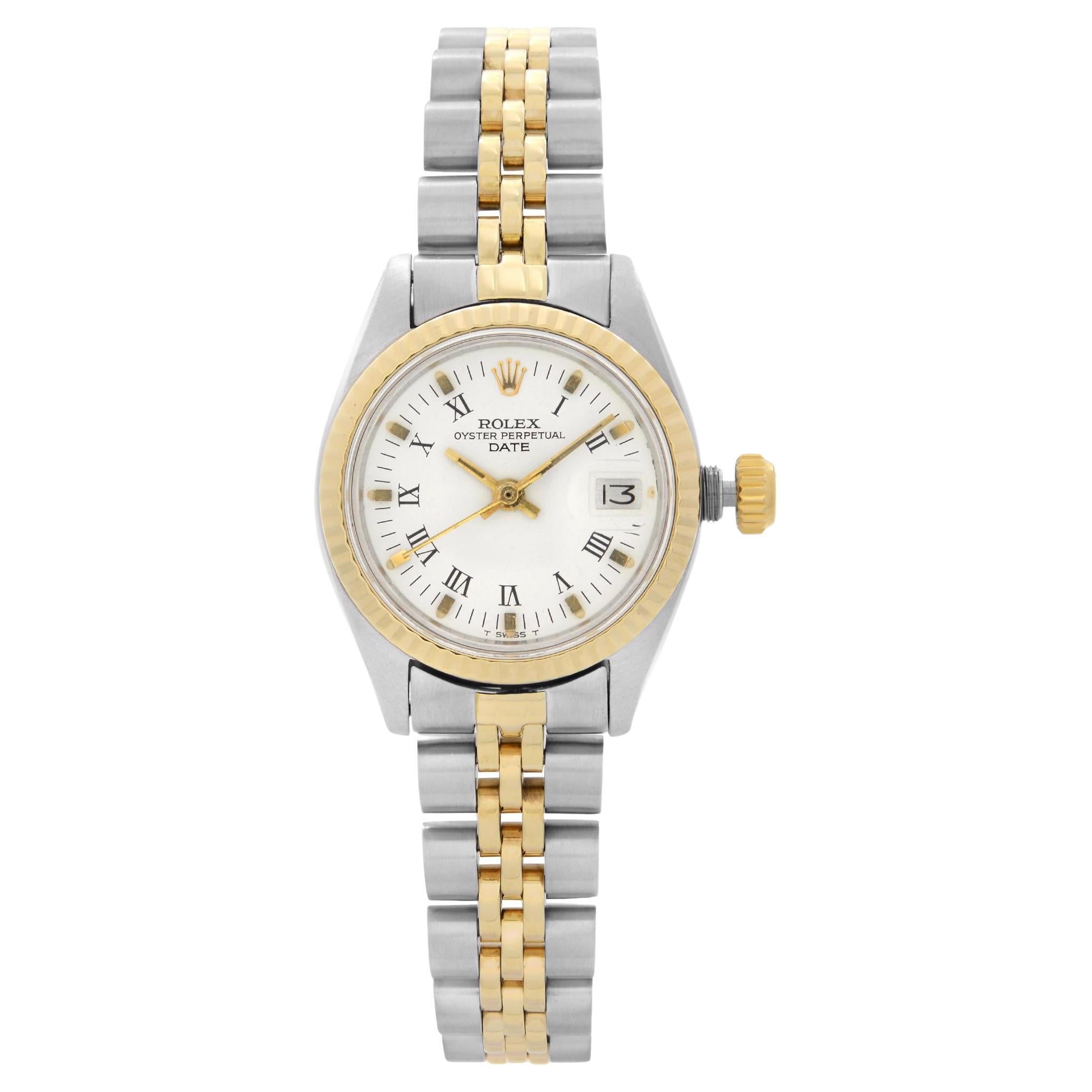 Vintage Rolex Date Two-Tone White Roman Dial Automatic Ladies Watch 6917