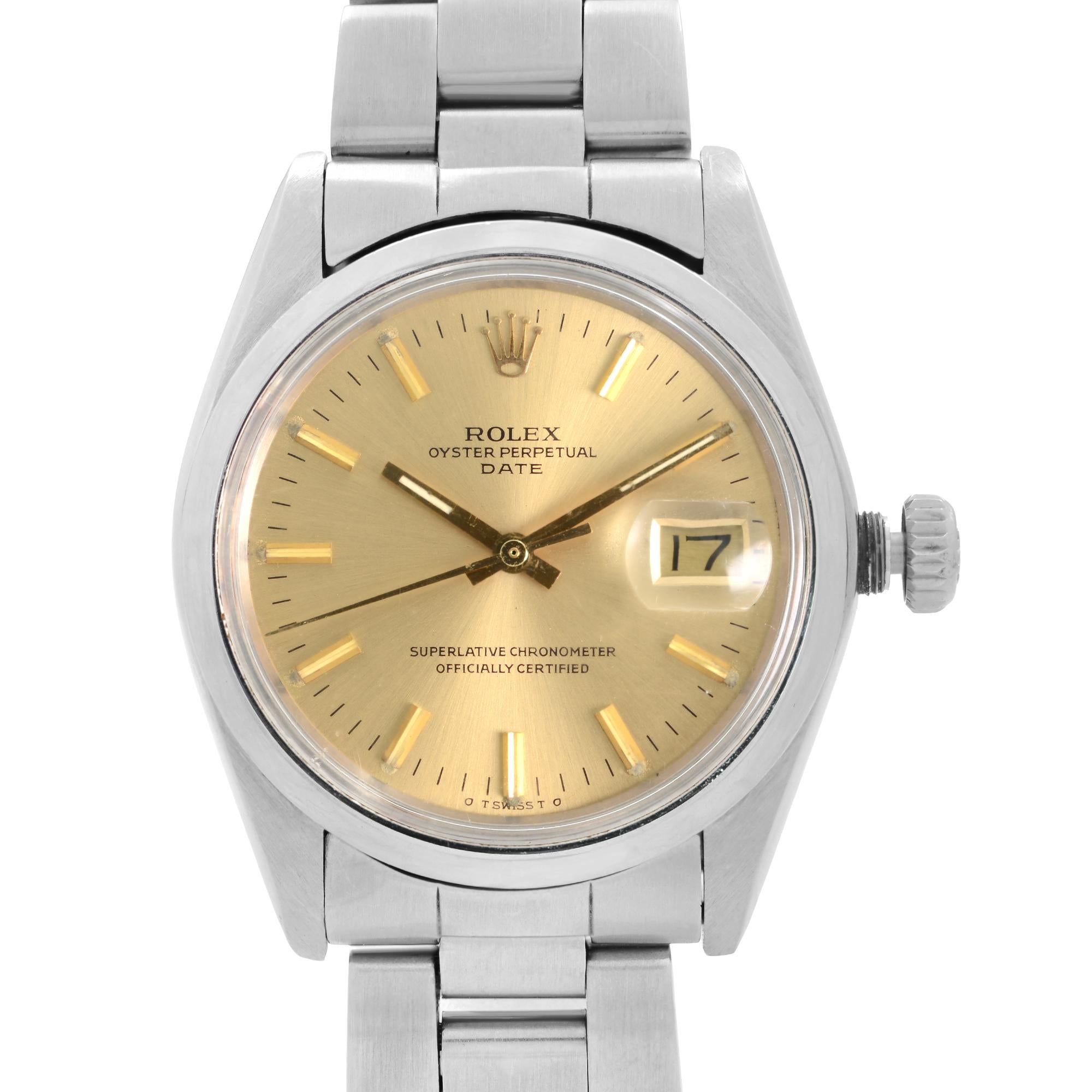 Pre Owned Vintage Rolex Date 34mm Stainless Steel Champagne Dial Automatic Men Watch 1500. This Beautiful Timepiece Was Produced in 1974 & is Powered by Mechanical (Automatic) Movement And Features: Round Stainless Steel Case & Bracelet, Fixed