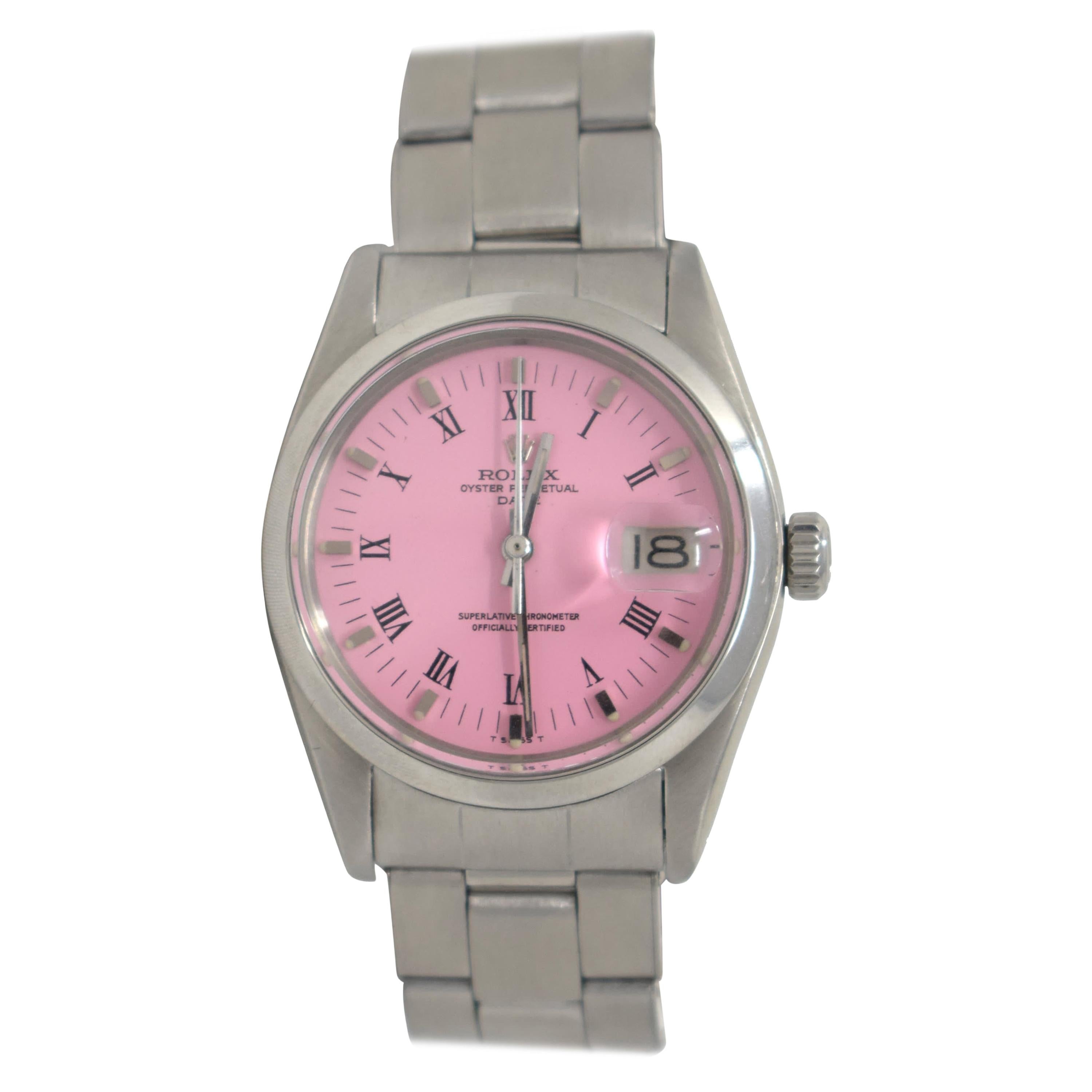 Vintage Rolex Date Automatic Ref. 1500 Pink Dial Roman Numeral Steel Watch