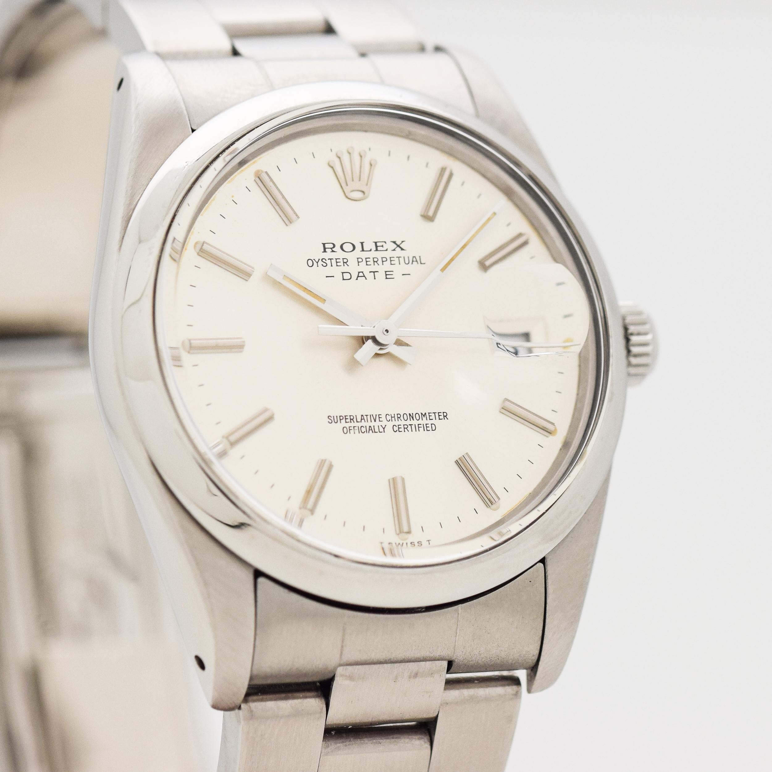 1984 Vintage Rolex Oyster Perpetual Date Automatic Ref. 15000 Stainless Steel watch with Original Silver Dial with Applied Steel Stick/Bar/Baton Markers with Original Rolex Stainless Steel Oyster Bracelet. 35mm x 41mm lug to lug (1.38 in. x 1.61