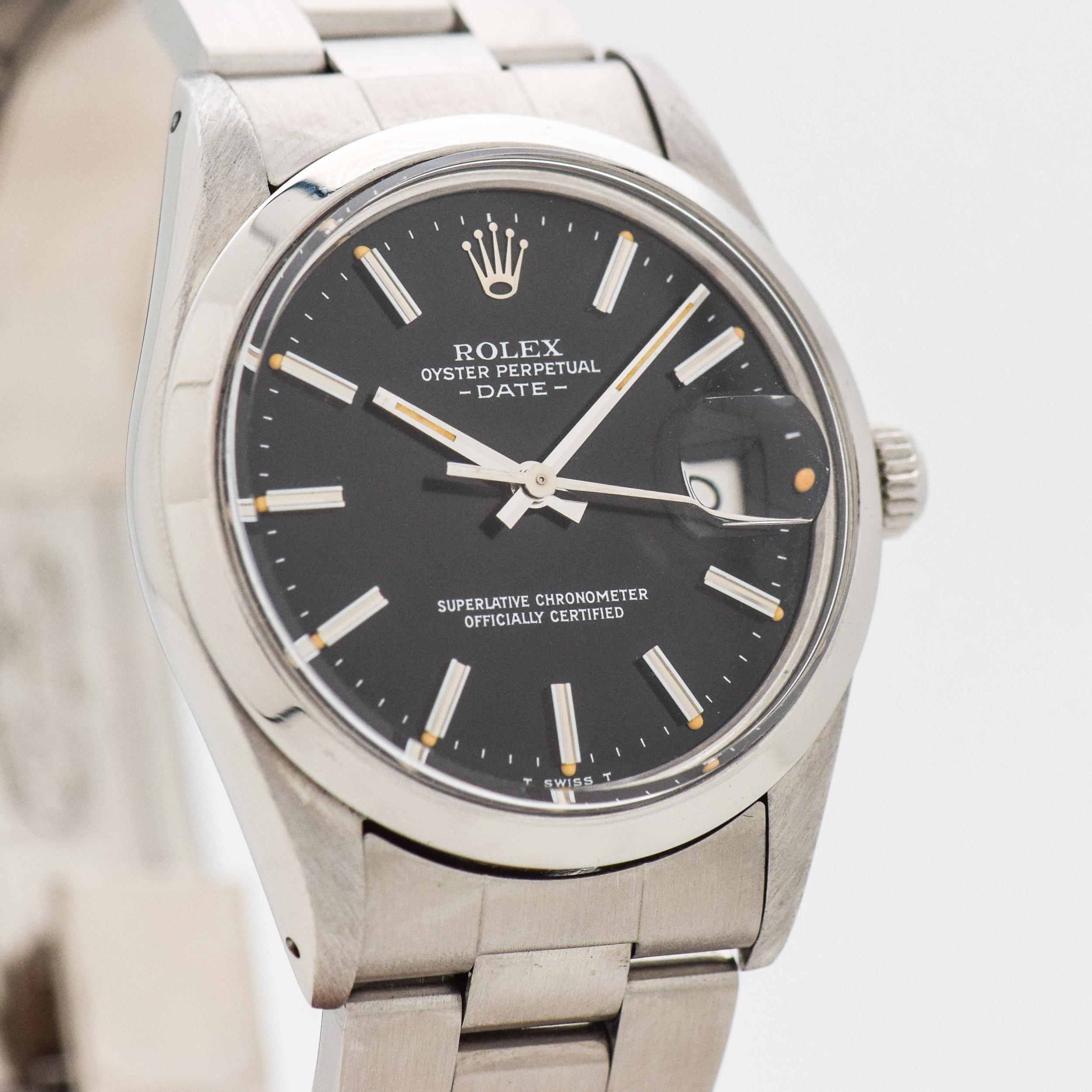 1981 Vintage Rolex Oyster Perpetual Date Automatic Ref. 15000 Quick Set Date Stainless Steel watch with Original Black Dial with Unique Applied Steel Bar/Baton Markers with White Sides with Original Rolex Stainless Steel Oyster Bracelet. 35mm x 41mm