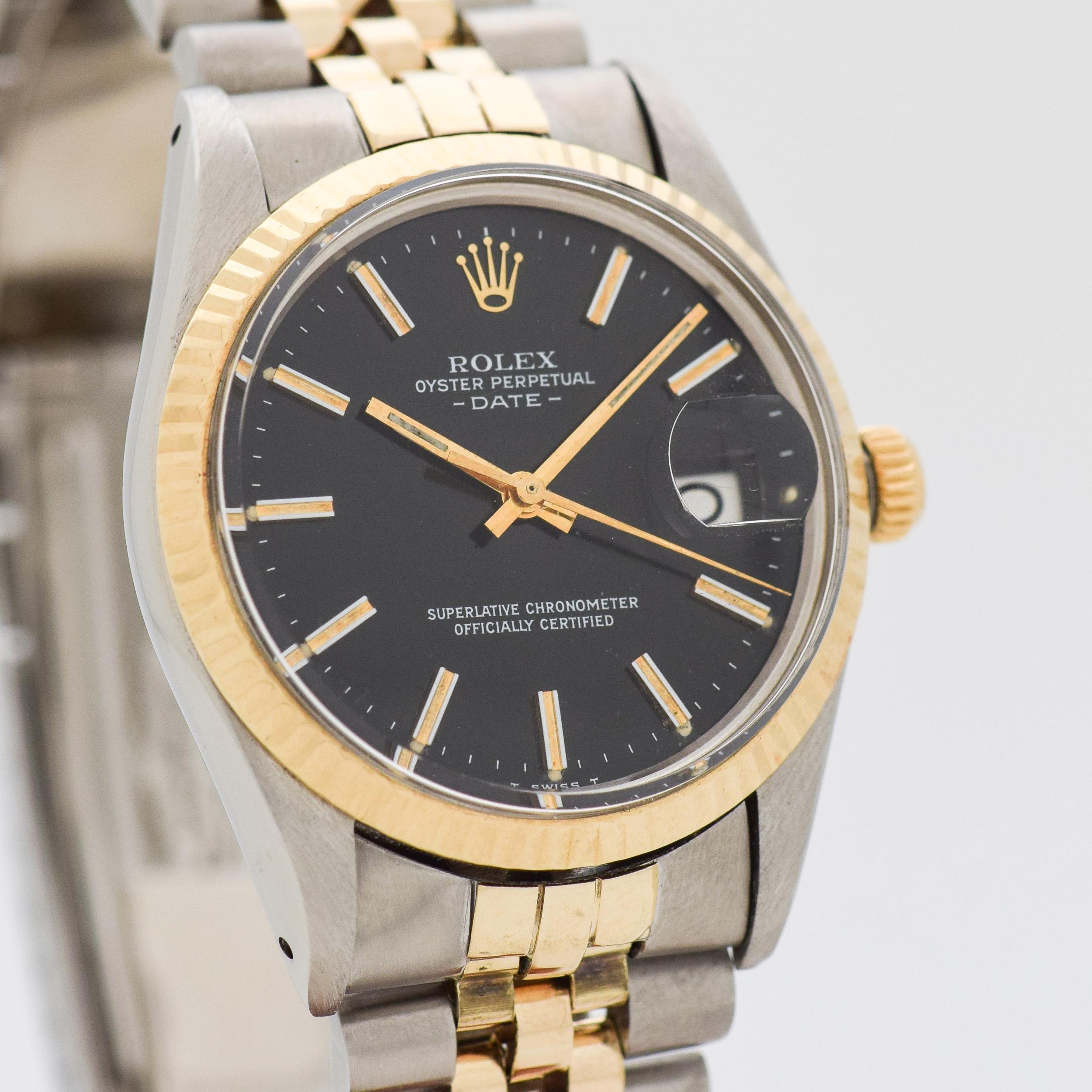 1981 Vintage Rolex Oyster Perpetual Date Automatic Ref. 15000 Two Tone 14k Yellow Gold Quick Set Date and Stainless Steel watch with Original Black Dial with Rare Unique Applied Gold Color Bar Markers with White Sides with Original Rolex Two Tone