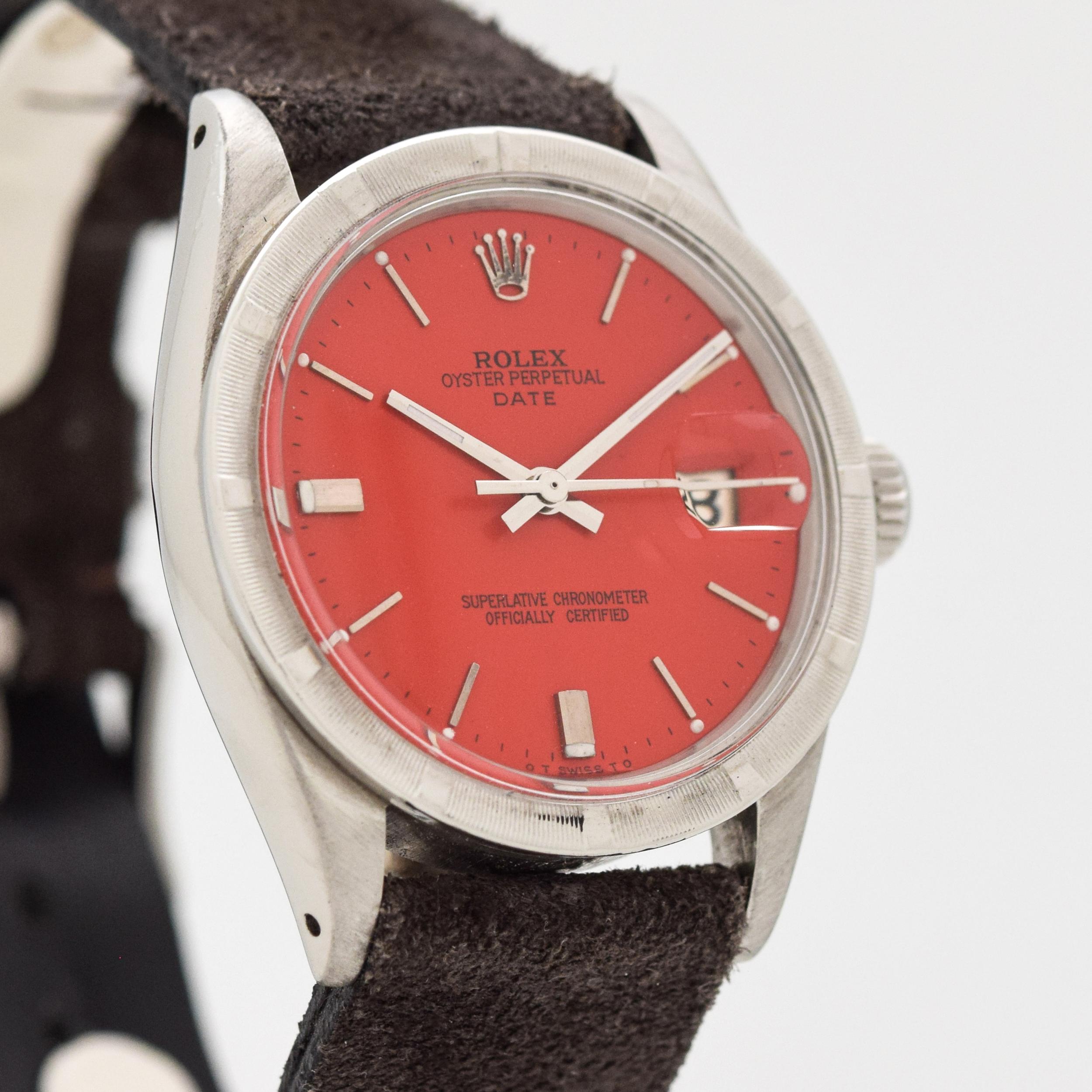 1964 Vintage Rolex Oyster Perpetual Date Ref. 1501 Stainless Steel watch with Machine Bezel with Custom Refinished Red Dial with Applied Steel Wide and Thin Steel Stick/Bar/Baton Markers. Case size, 35mm x 42mm lug to lug (1.38 in. x 1.65 in.) 
