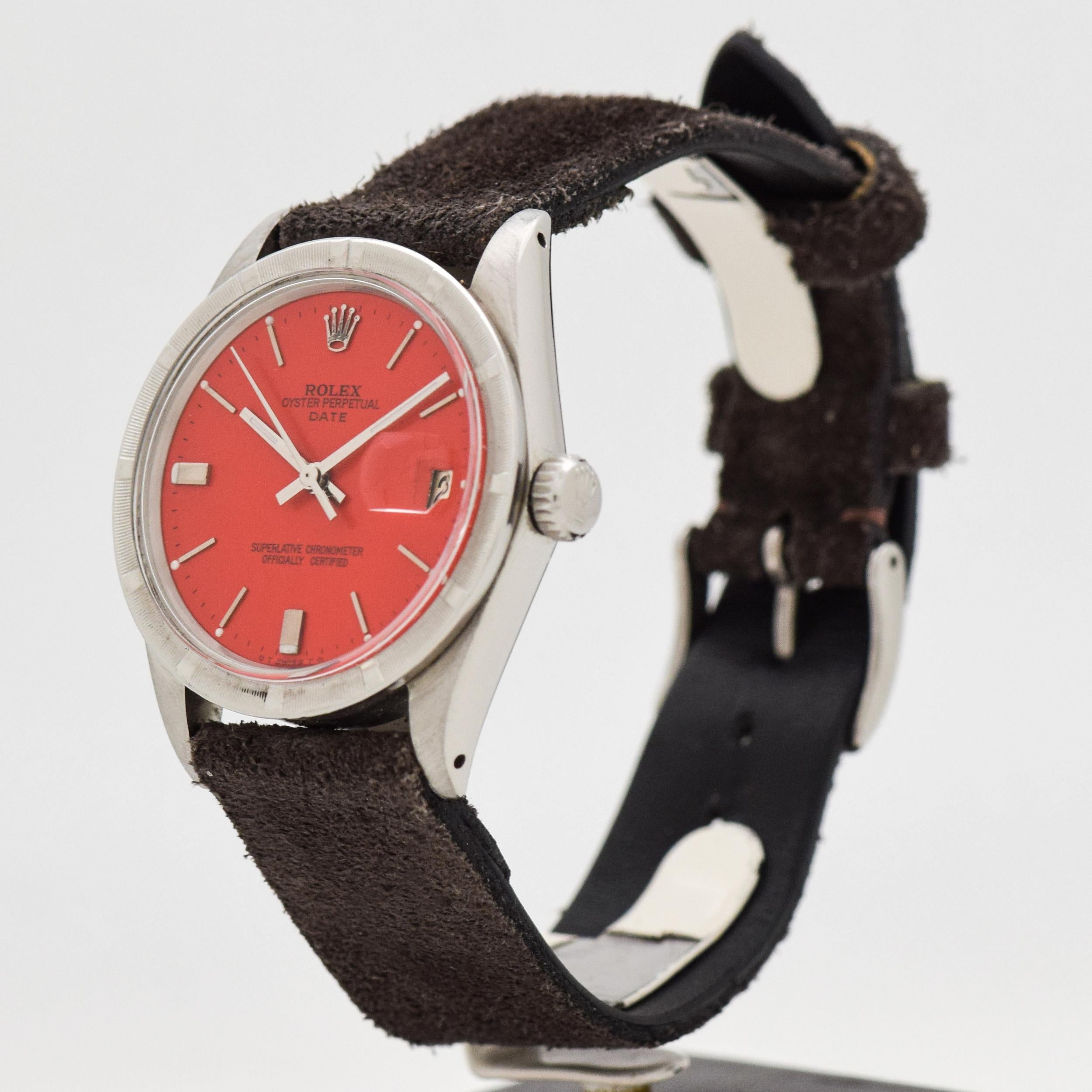 Vintage Rolex Date Automatic Watch with Custom Red Dial, 1964 In Excellent Condition In Beverly Hills, CA